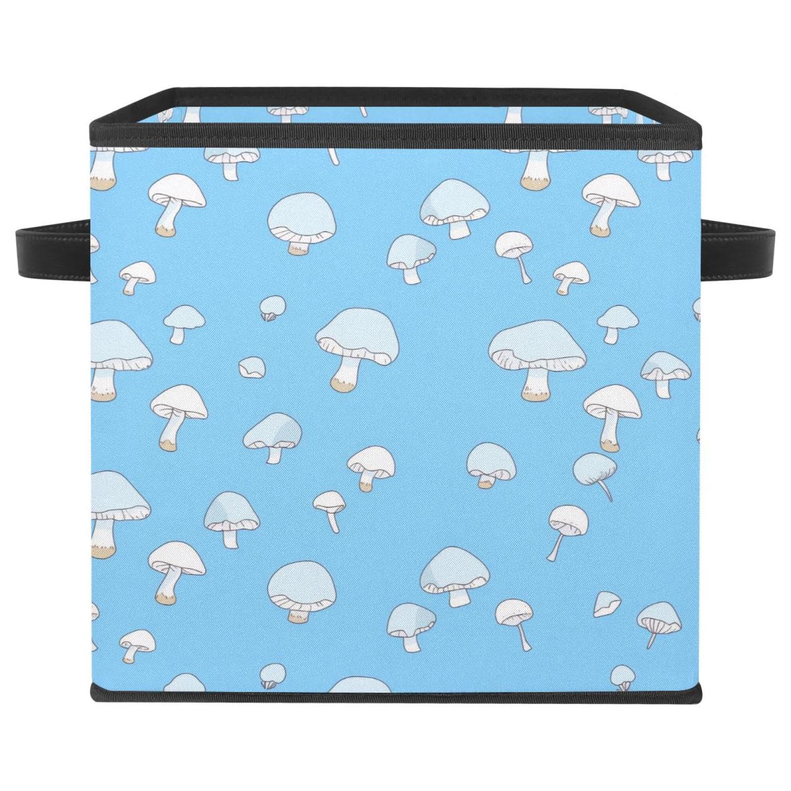 Bac de rangement cube champignon bleu et poignées cuir pour étagère