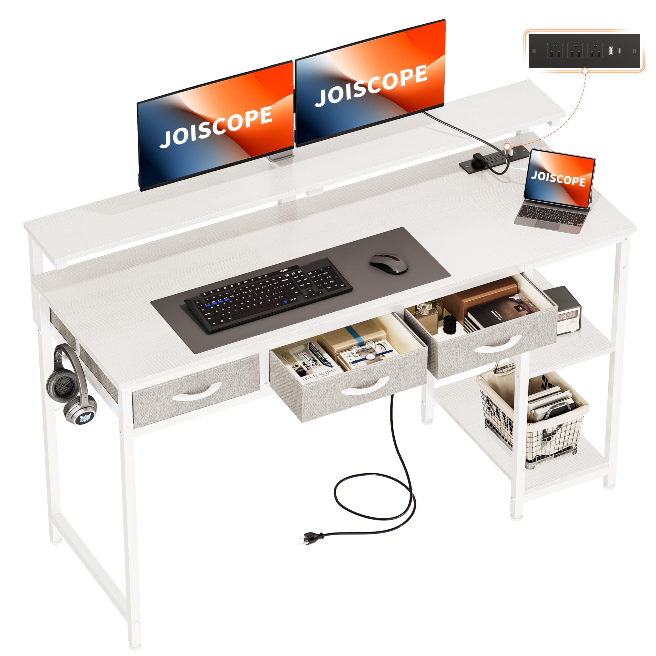 JOISCOPE Home Office Desk with Power Outlets (3AC, USB, Type-C), 55 × 20 Inch Computer Desk with 3 Drawers & Shelves, Laptop Table with Display Riser, Gaming Study Drafting Table for Bedroom, White