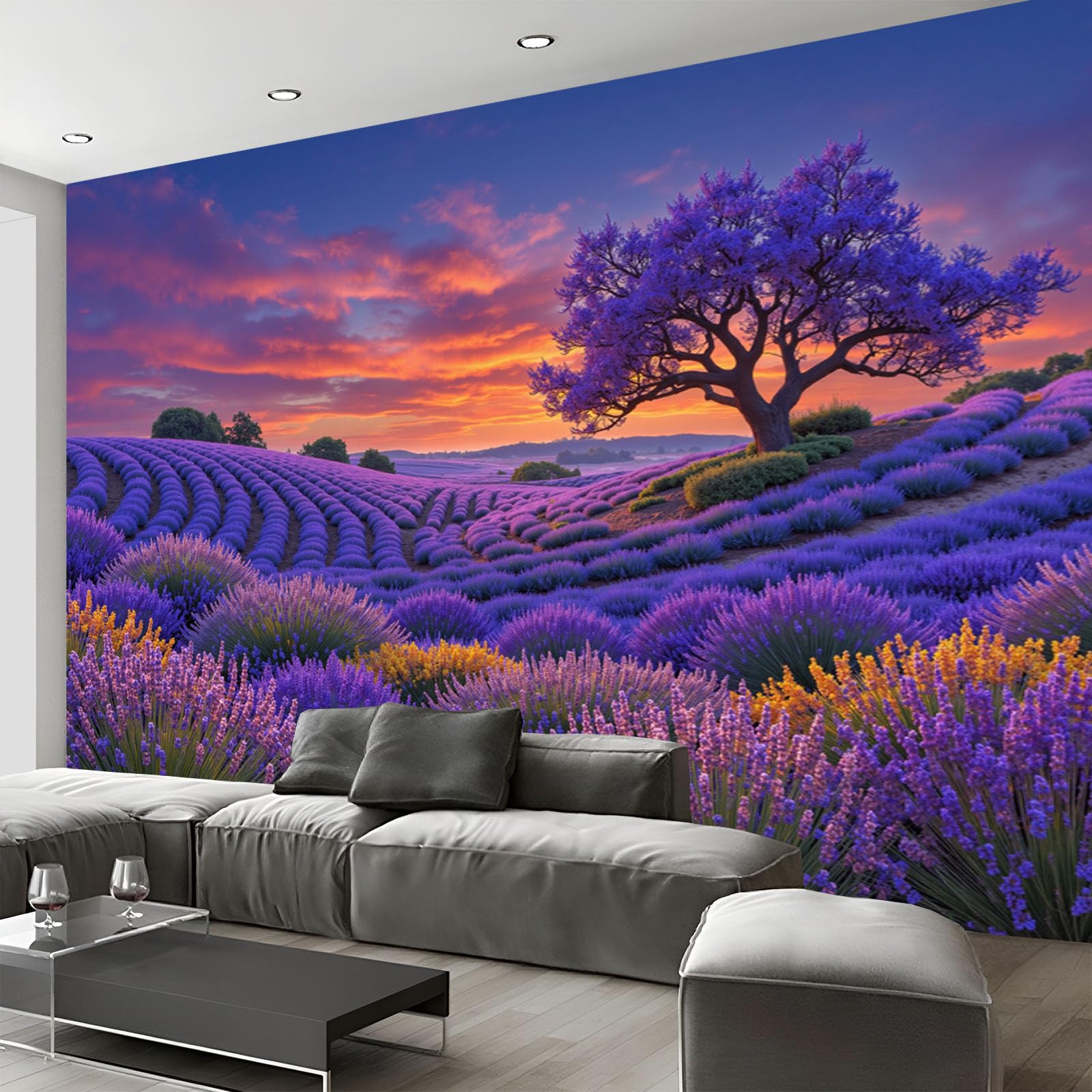 Papier peint panoramique violet de salon, poster 3D coucher de soleil