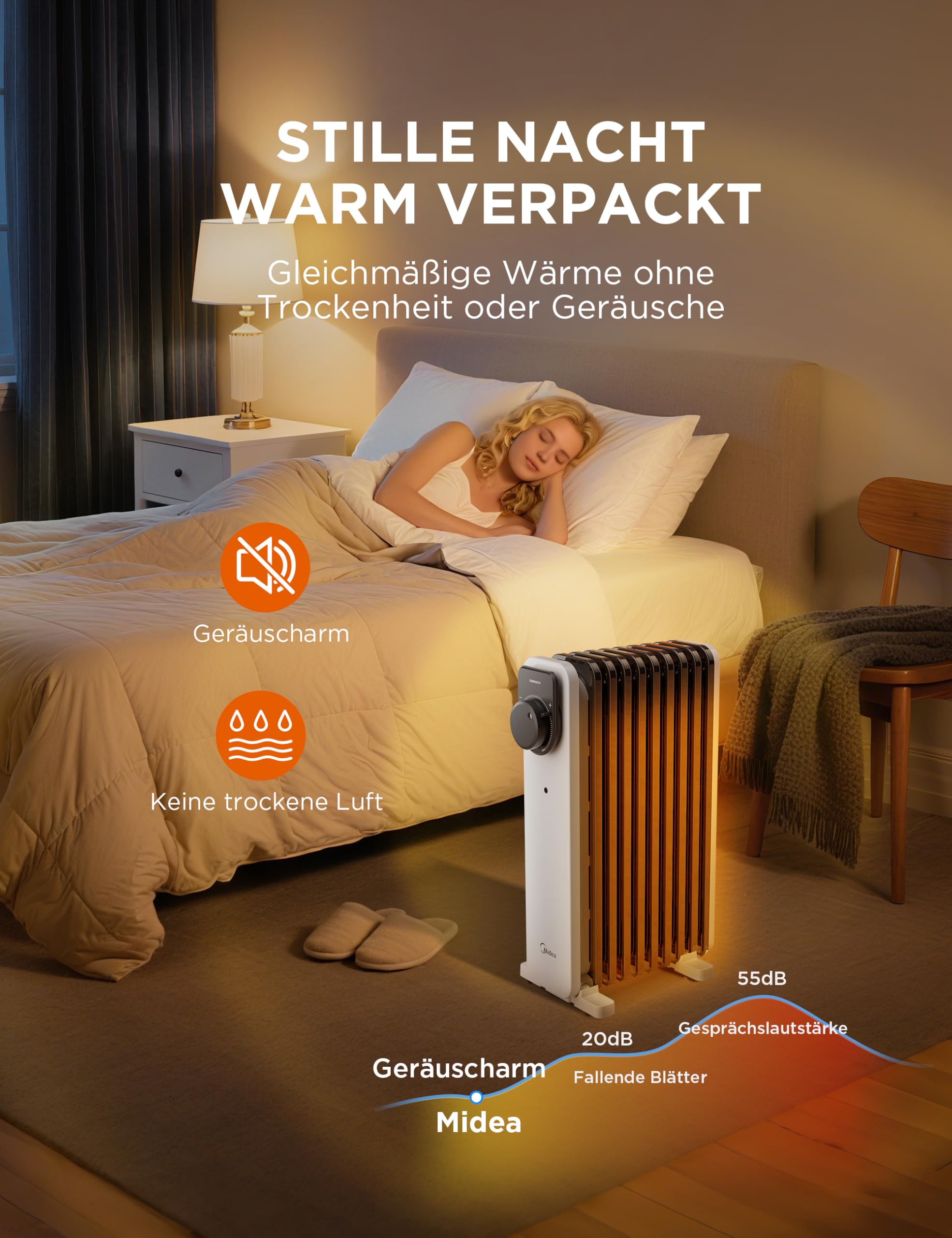 Midea Ölradiator, 2000W 9 Rippen tragbarer Elektroheizer mit Drehknopfregelung und einstellbarem Thermostat, 3 Heizstufen, Kipp- und Überhitzungsschutz, ultra-leise im Büro & Zuhause