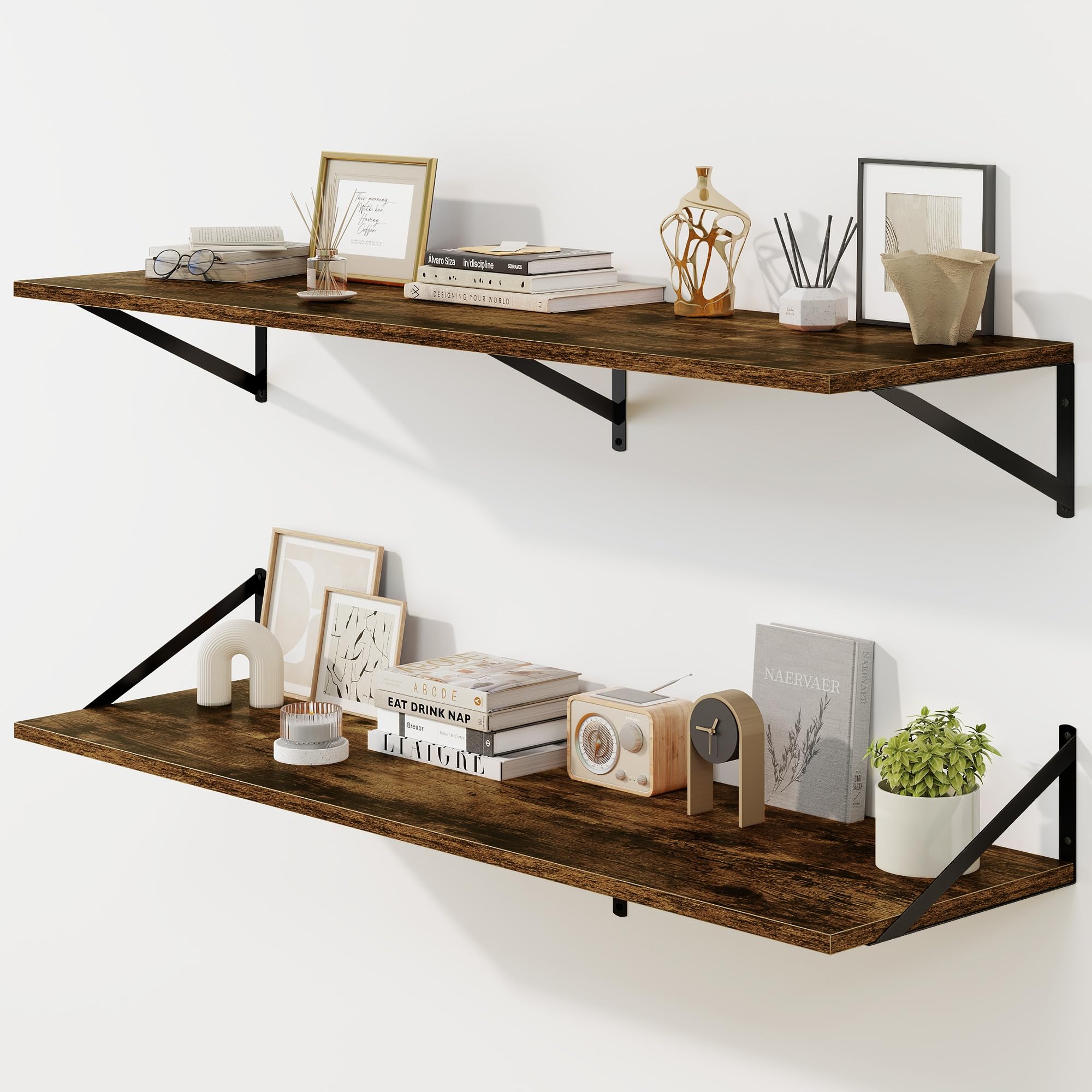 Fun Memories Floating Shelves for Wall, 30 cm Deep Floating Shelves Set of 2, 120 x 30 cm Large Wall Shelf with Sturdy Metal Brackets for Living Room, Bathroom, Bedroom and Kitchen, Rustic Brown