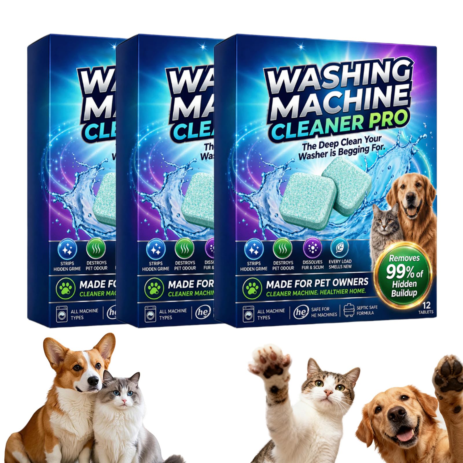 PrimeDrum Washing Machine Cleaner Tablets, Natural Mild Washer Care Tabs, Universal for Front Load & Top Load Washing Machine, Freshen Internal Drum & Remove Residue for Household Daily Use (3pc)