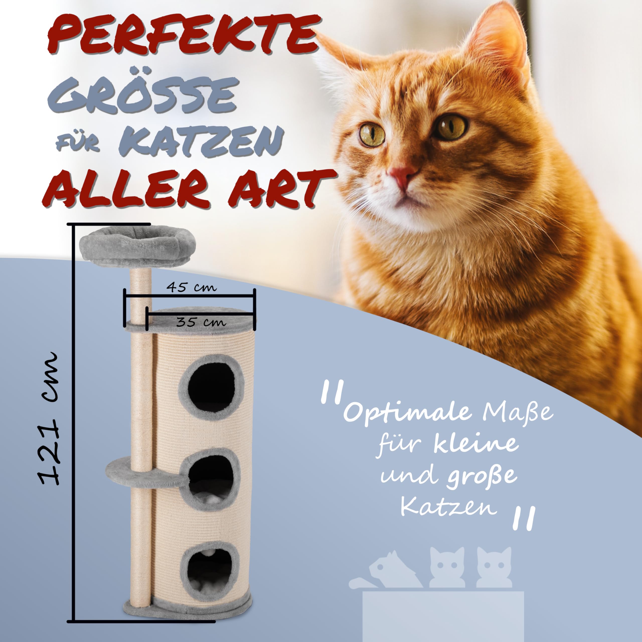 Kratztonne für Katzen, Sisalmaterial, 45cm x 35cm x 121cm, Einzigartiges Design, Kuschelige Schlafplätze, Beige