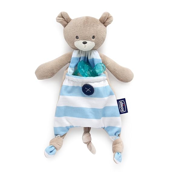 Chicco Pocket Buddies Soft Pacifier Holder-Lovey, Soothing Plush Toy Animal 0m+, Blue Bear
