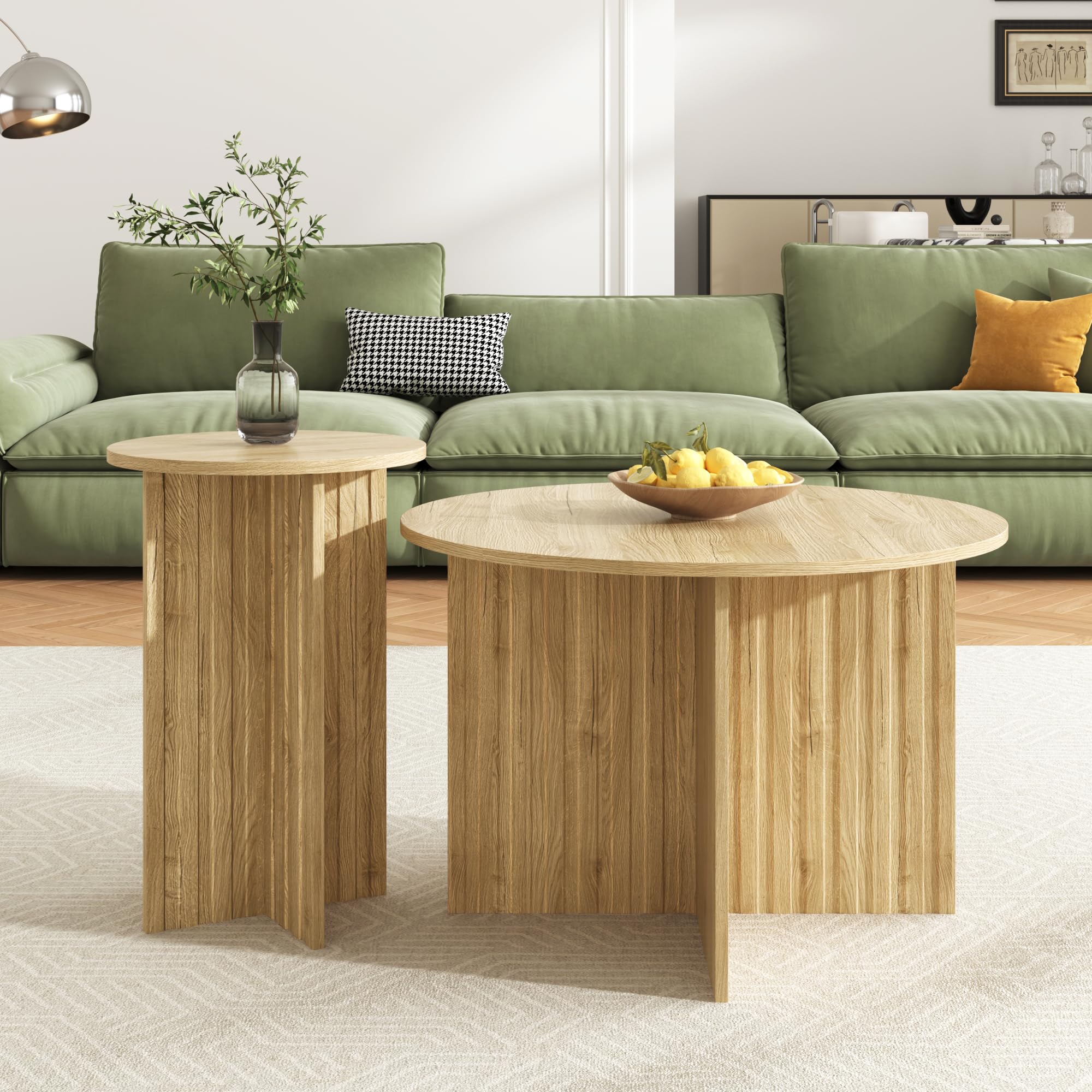 Moderno juego de mesa nido de madera de 2 piezas – Mesas de centro redondas y mesas de café con diseño escandinavo, ahorro de espacio y versátil (natural)