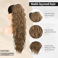 Vista 24 de FLUFYMOOZ Extensión de cola de caballo, 22 pulgadas, extensiones de cabello sintético ondulado largo y rizado para mujer