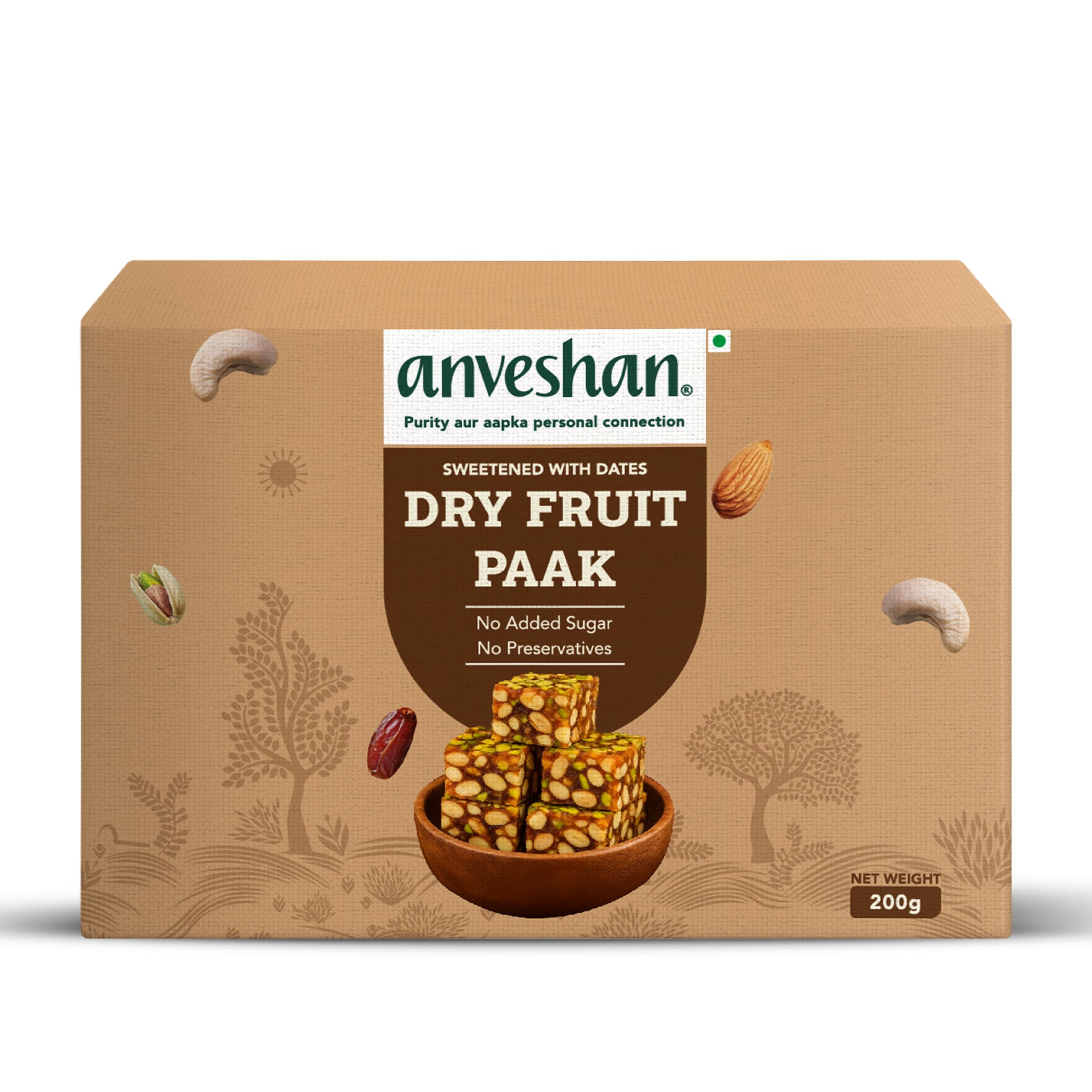 Anveshan Khajoor Dry Fruit Paak Mithai - 200 gm | Super Healthy Sweets | Sugar Free | 100% Natural | Made Using Dates, Nuts, A2 Desi Cow Ghee