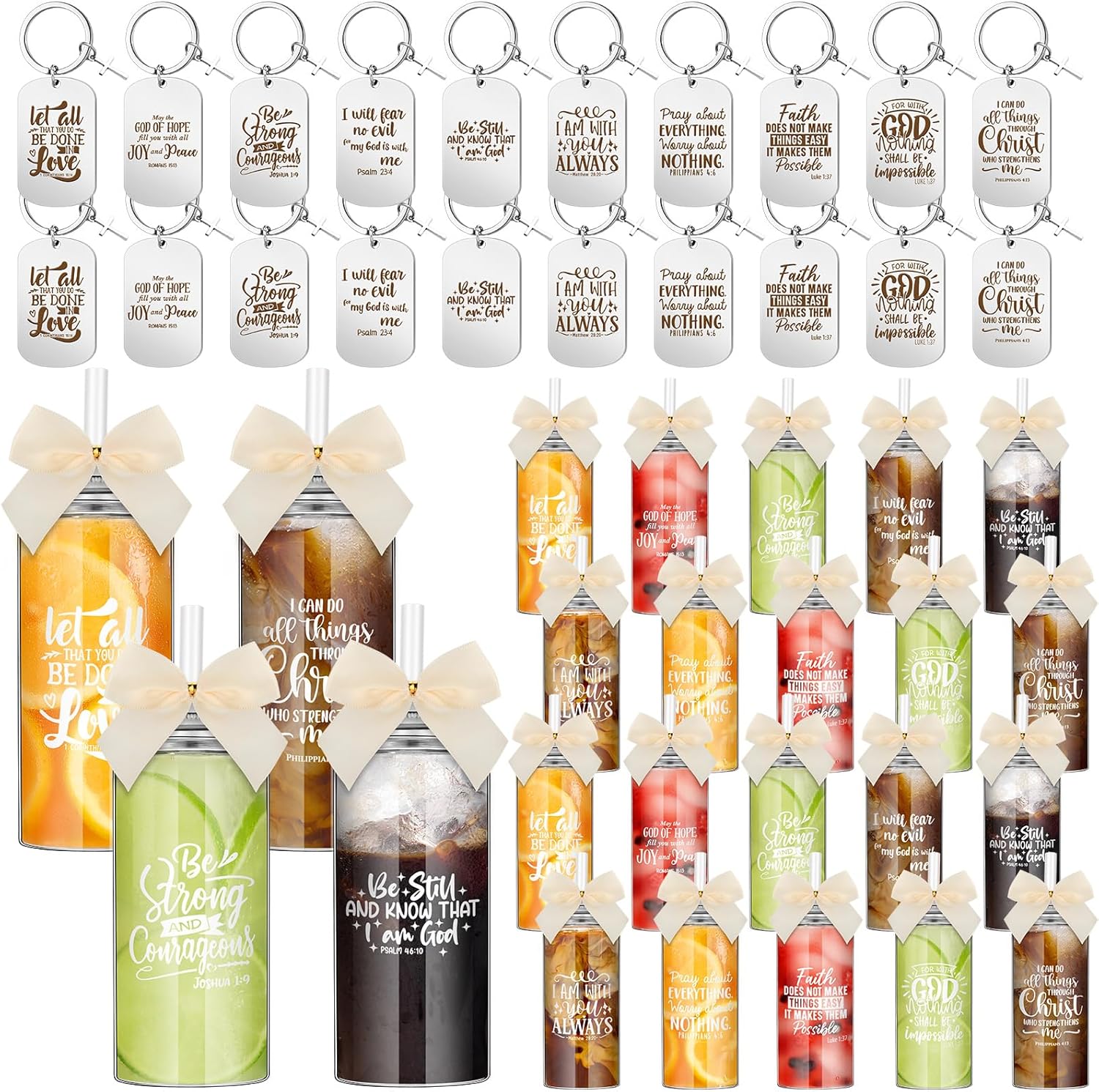 Skylety 40 Pcs/20 Set Christian Church Gifts Bulk 13.5 oz Bible Verse Plastic Cups Bulk Valentine Coffee Tumbler with Bow Inspirational Religious Keychains for Women Men Coworker Volunteer(Clear)