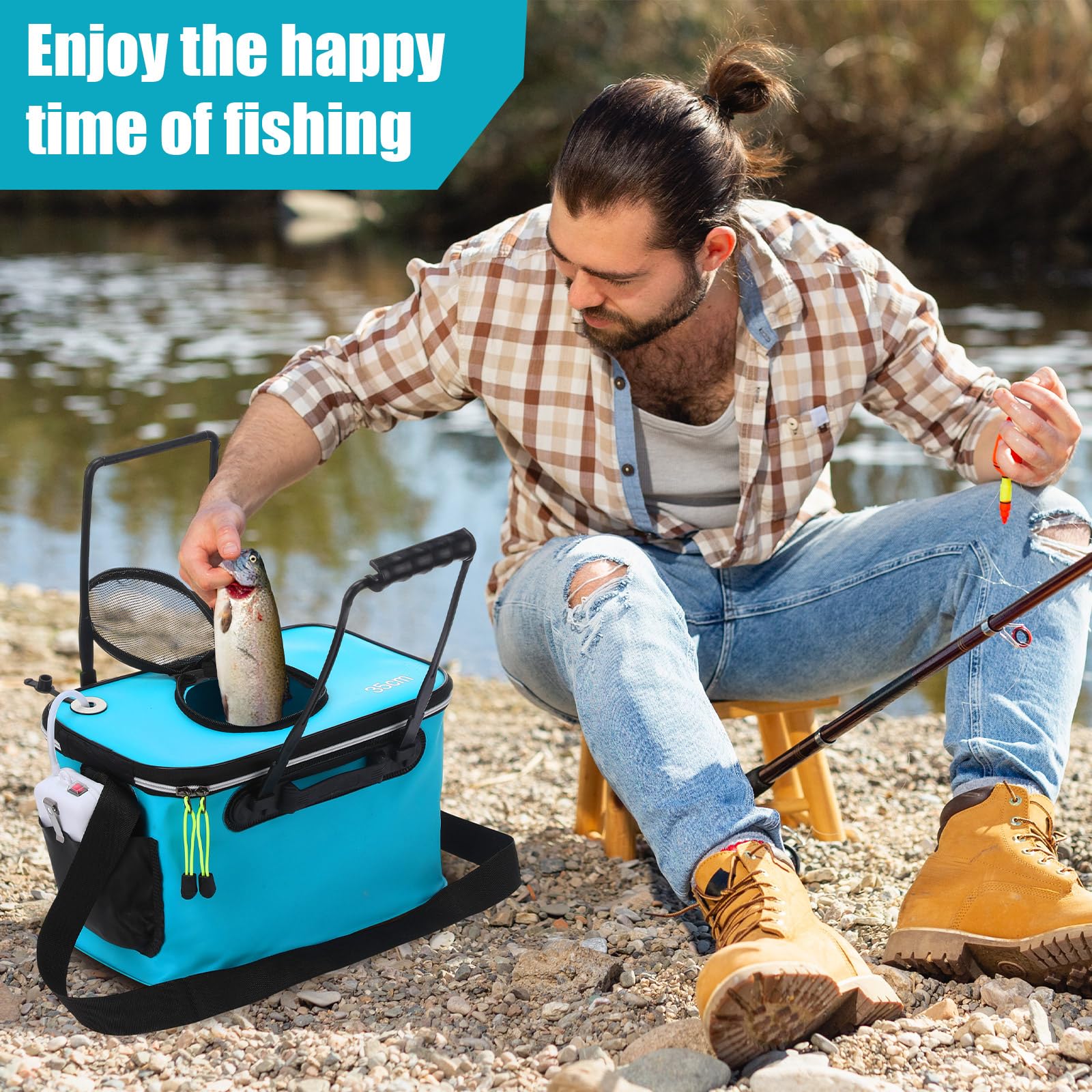 Secchio da pesca e aeratore per esche vive, pieghevole, multifunzionale, portatile, silenzioso, aeratore per campeggio, pesca, borsa in EVA (blu, 4 galloni)