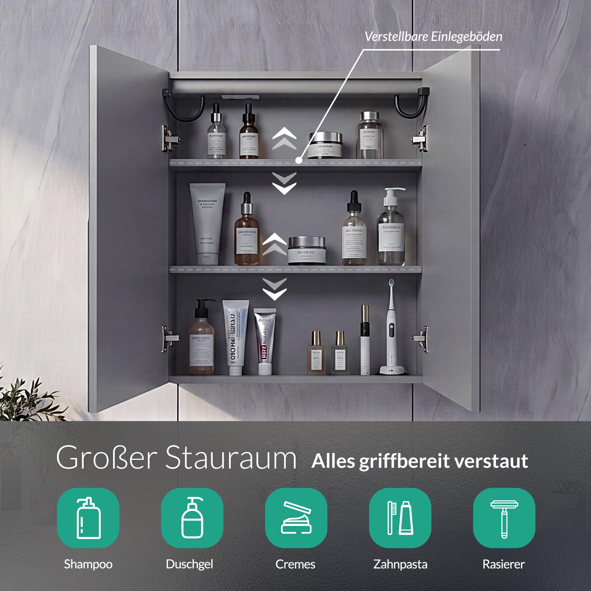 Spiegelschrank Bad mit Beleuchtung Vormontiert 60x70x14cm Steingrau