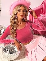 Vista 2 de Allegra K Top corto de terciopelo de Navidad de manga larga con hombros descubiertos para mujer