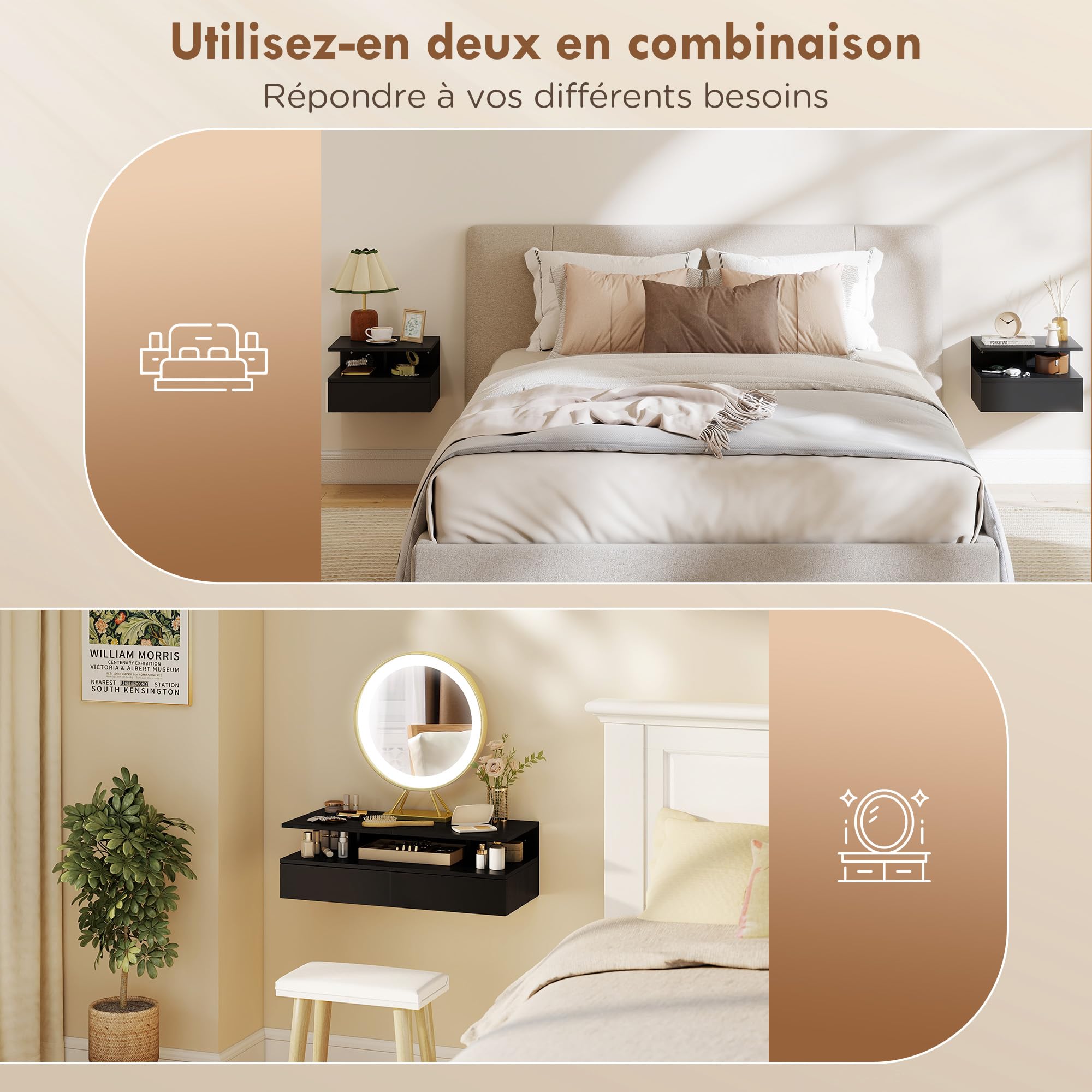 HOMCOM Lot de 2 Tables de Chevet murales, Tables de Nuit suspendues avec tiroir Coulissant, Compartiment Ouvert, Plateau, Style Moderne, pour Chambre à Coucher, 35 x 32 x 22,5 cm, Noir