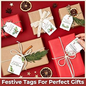 Woodamore Merry Christmas Gift Tags with String - 80 Pcs Christmas Name Tags for Gifts, Bulk Christmas Tags for Gifts with String, Happy Holiday Gift Tags for Presents, Modern Paper Xmas Label