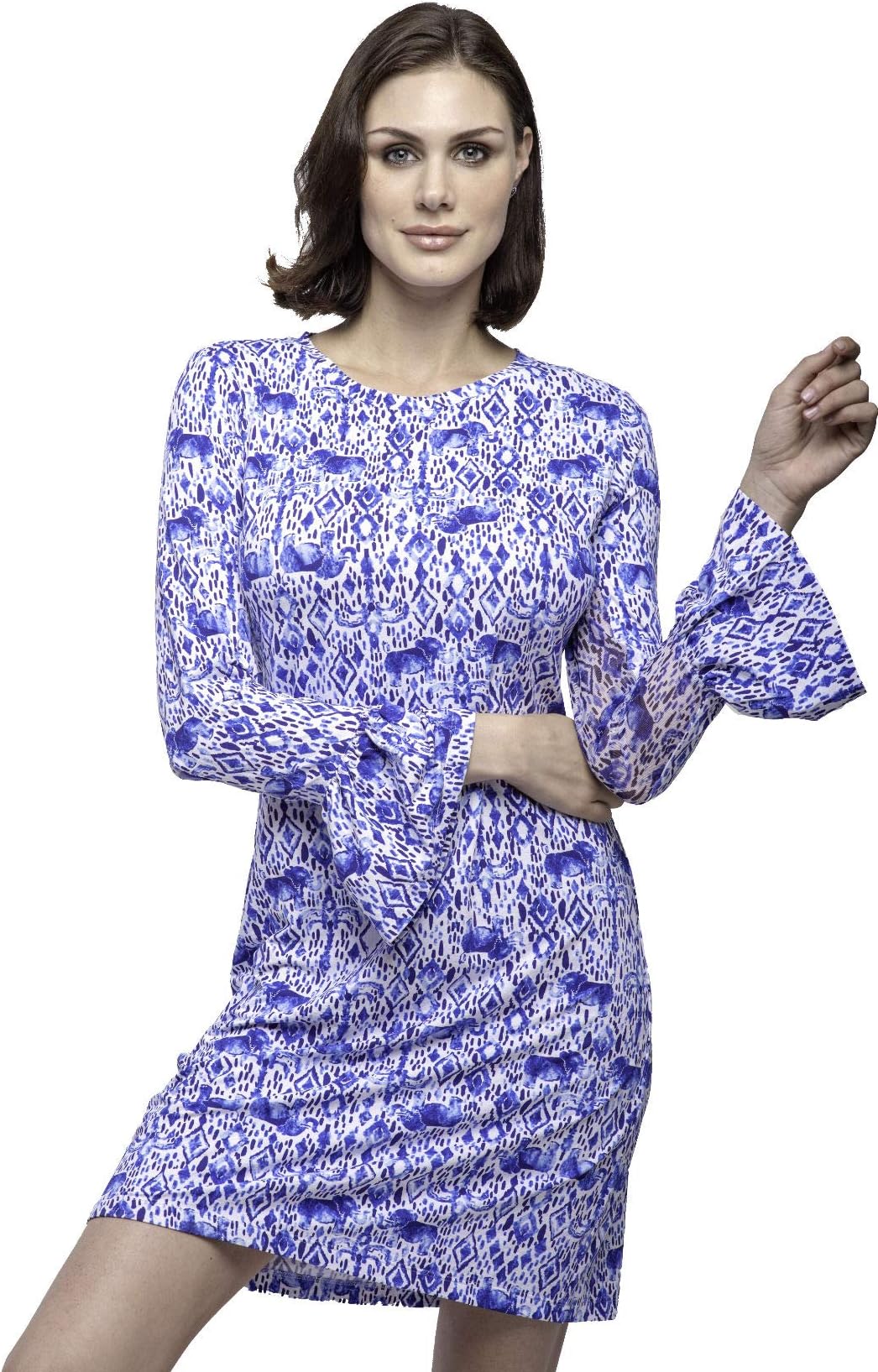 Ladies Bell Sleeve Dress - Kendra Print Denim Medium