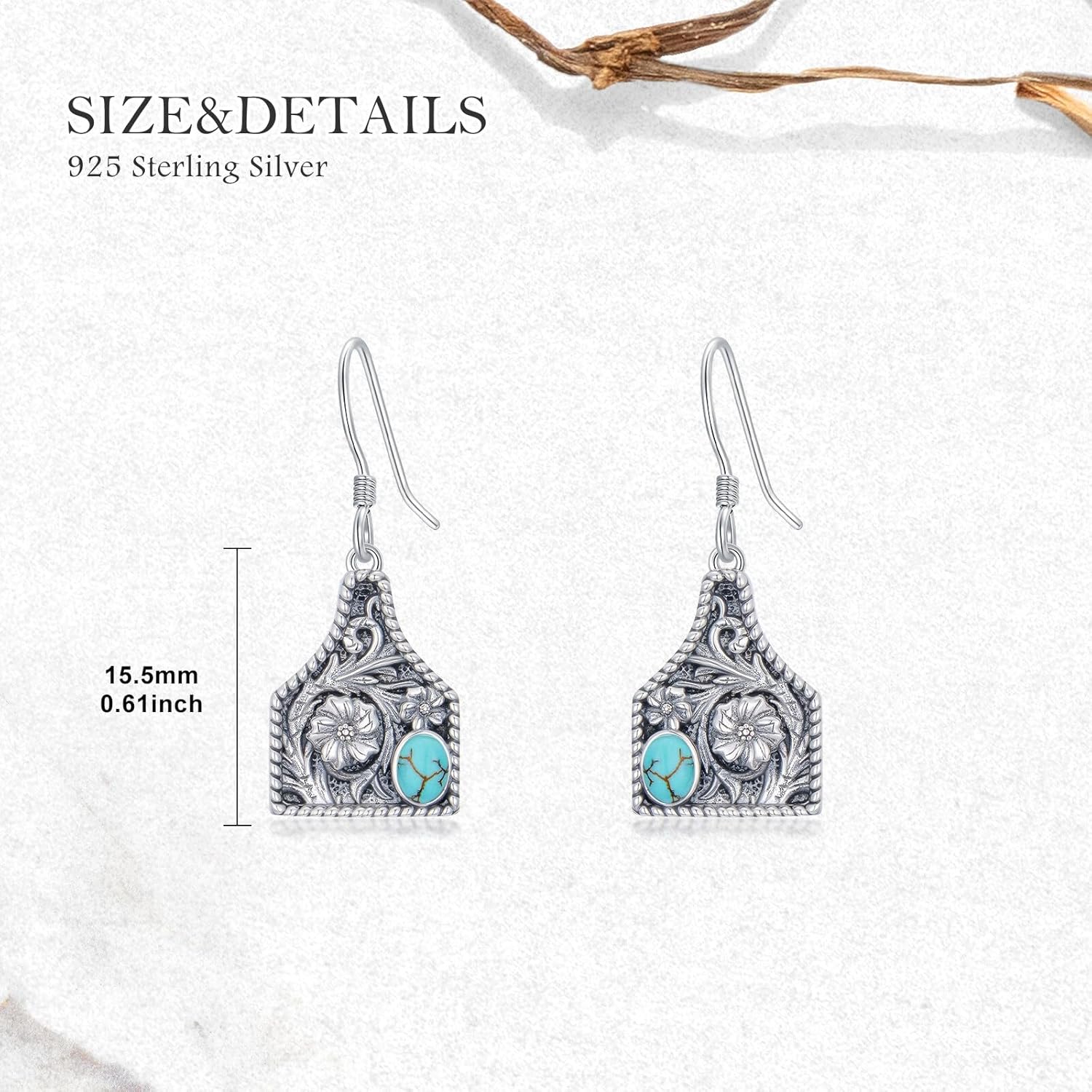Real Turquoise Cow Tag Earrings 925 Sterling Silver Western Cattle Tag Earring Jewelry Gifts for Women Cowgirl - Image 5