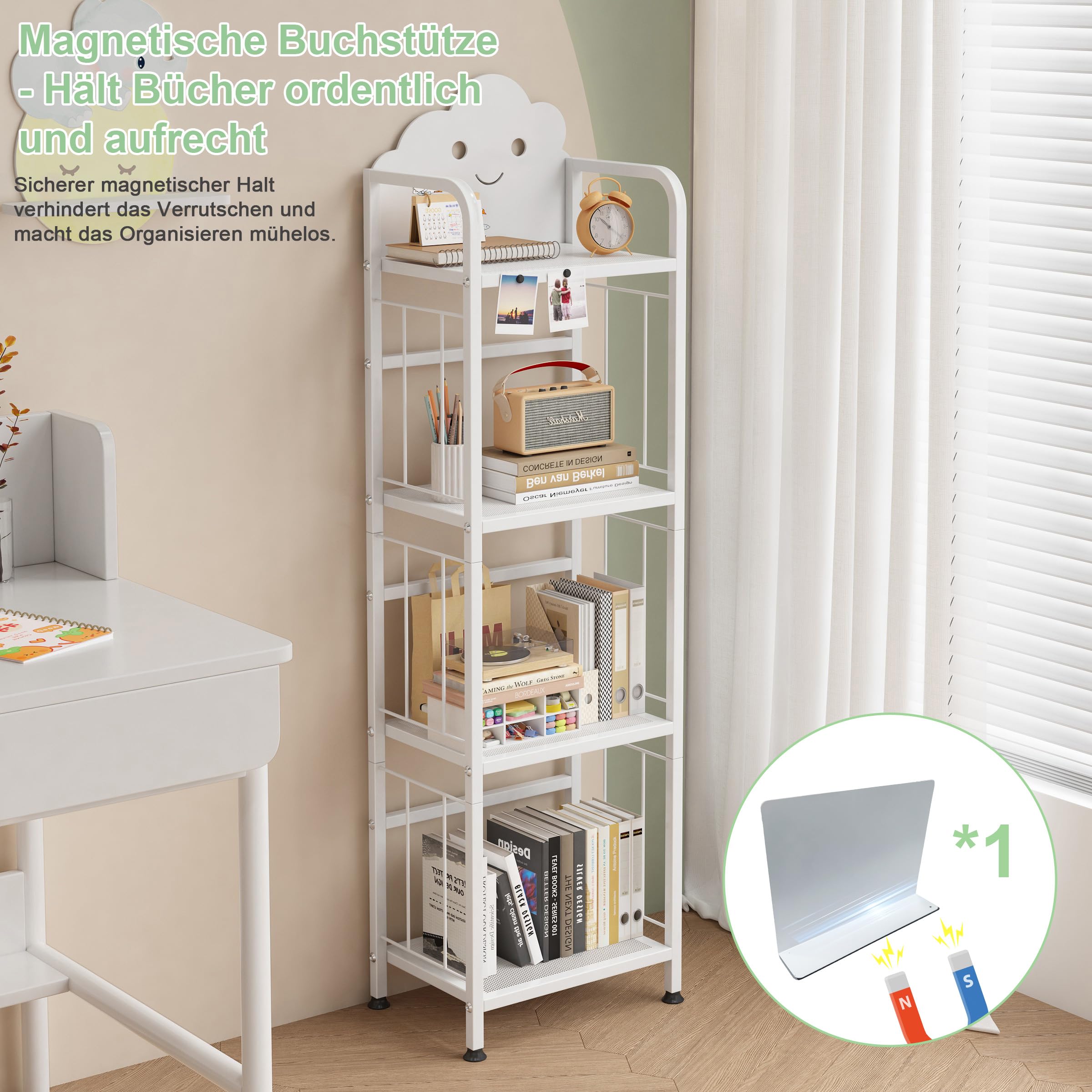 Cute Metal Kinderregal, 4 Etagen Bücherregal Aufbewahrungsregal für Kinder, Standregal mit Magnetische Buchstützen, Büro Arbeitszimmer, Kinderzimmer (Weiß)