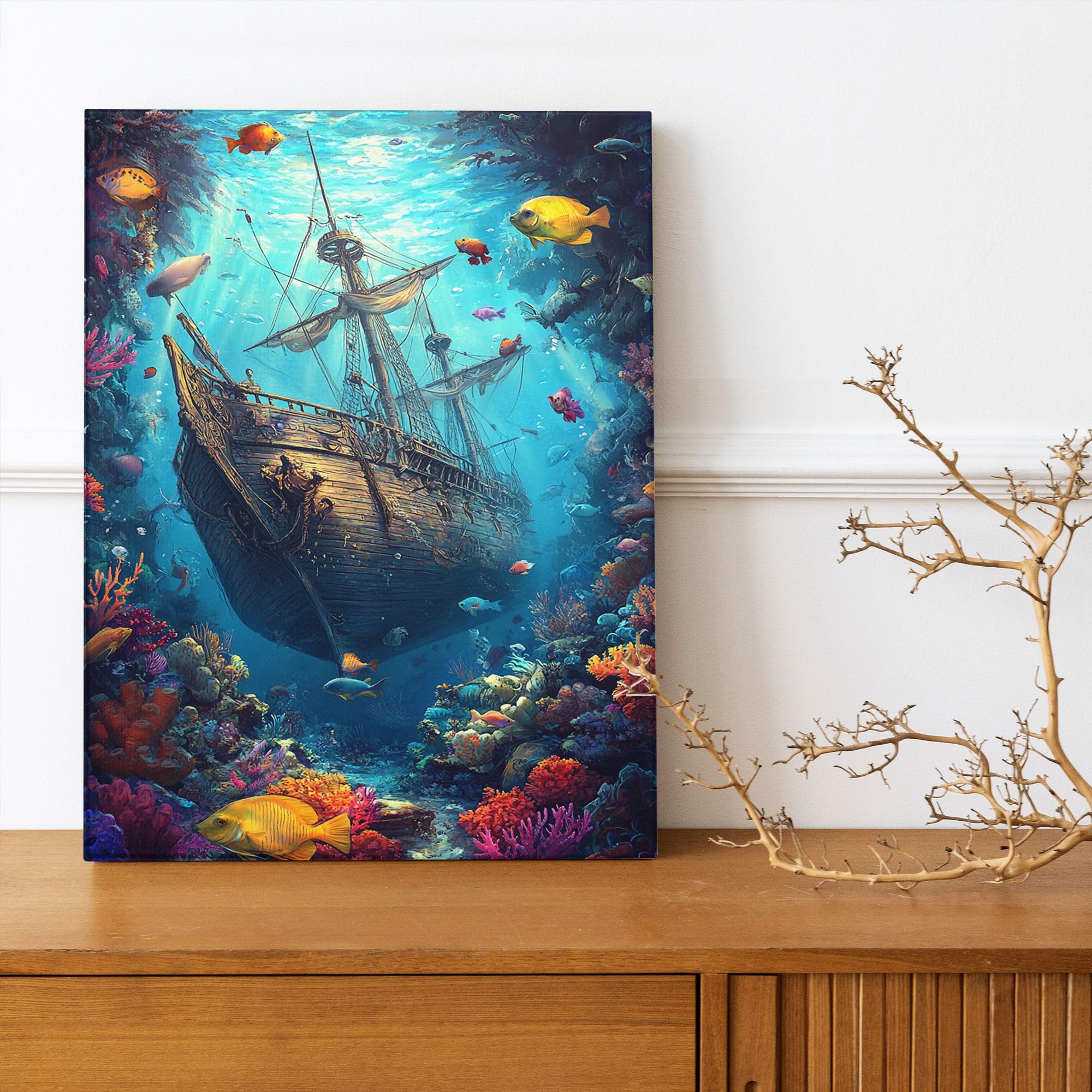 Underwater Shipwreck Canvas Wall Art, Blue Ocean Marine Decor