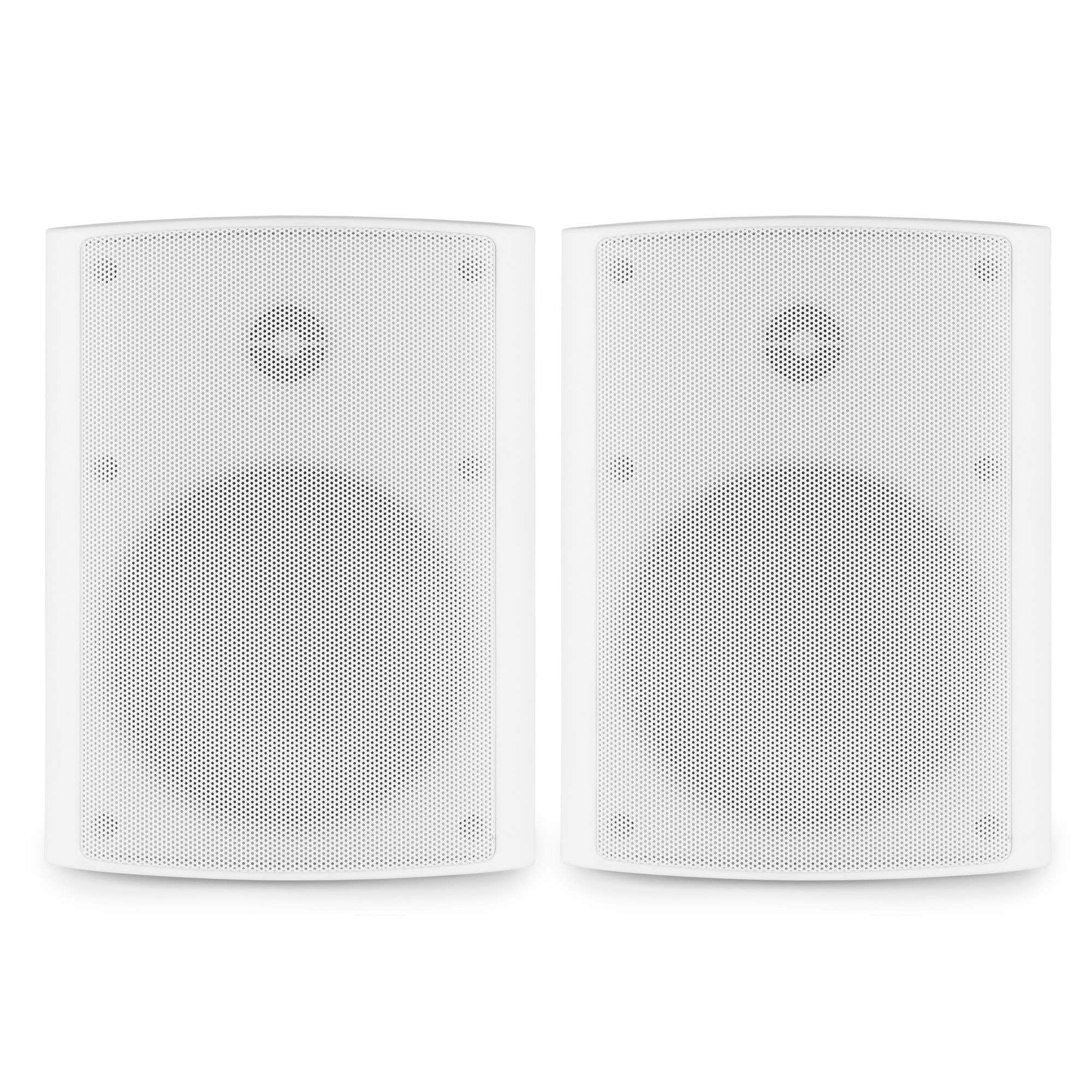 Power Dynamics Sistema de Sonido Profesional - 4 Altavoces Blancos, Bluetooth, USB, FM, Amplificador Integrado, Resistente al Agua IPX5, Soportes y Cables Incluidos, Ideal para Negocios y Hogar