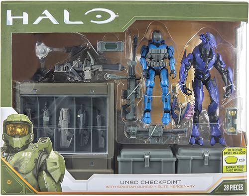 HALO Paquete de misión de héroe de 4 pulgadas - Spartan Gungnir y Elite Mercenary Figuras de acción más armas infinitas - UNSC Checkpoint