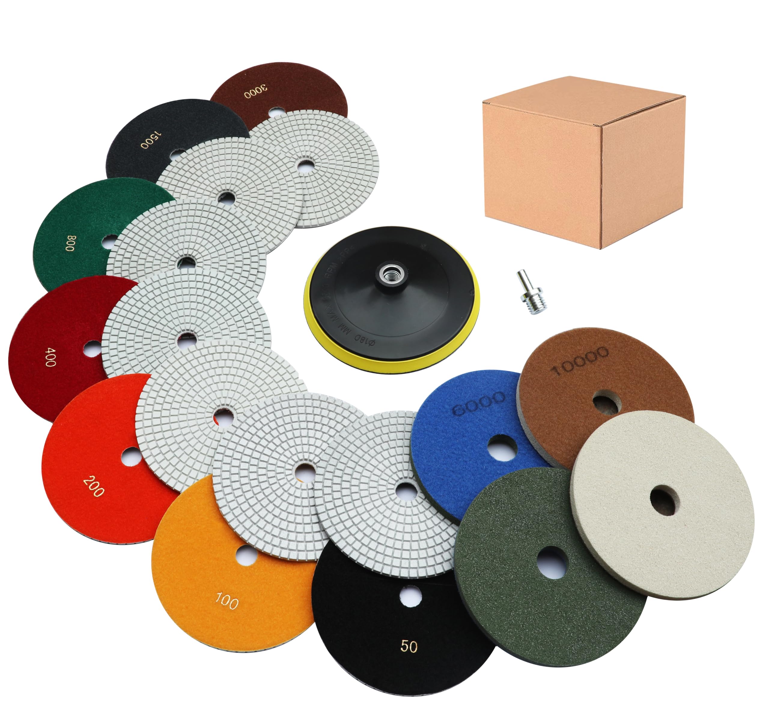 Waies 7 Inch Diamond Polishing Pads 11 PCS with 5/8"-11 Backer Pad, Wet/Dry 50-10000 Grit Polish Pad Kit for Concrete Granite Marble Quartz Countertop Stone Rock for Drill Grinder Polisher
