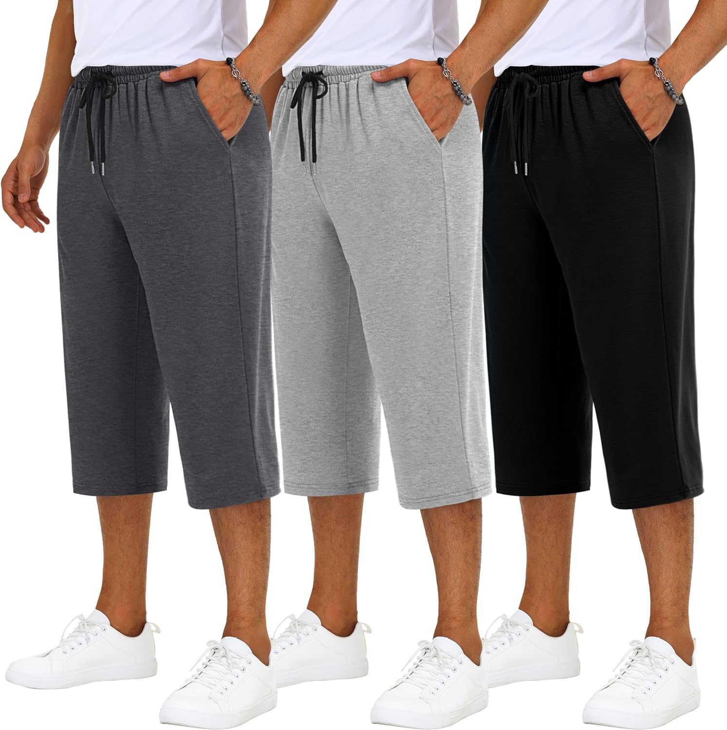 Neer 3 Pack Men's Baggy Capri Pants Plus Size Below Knee Casual 3/4 Shorts Big and Tall Summer Drawstring Pants with Pockets
