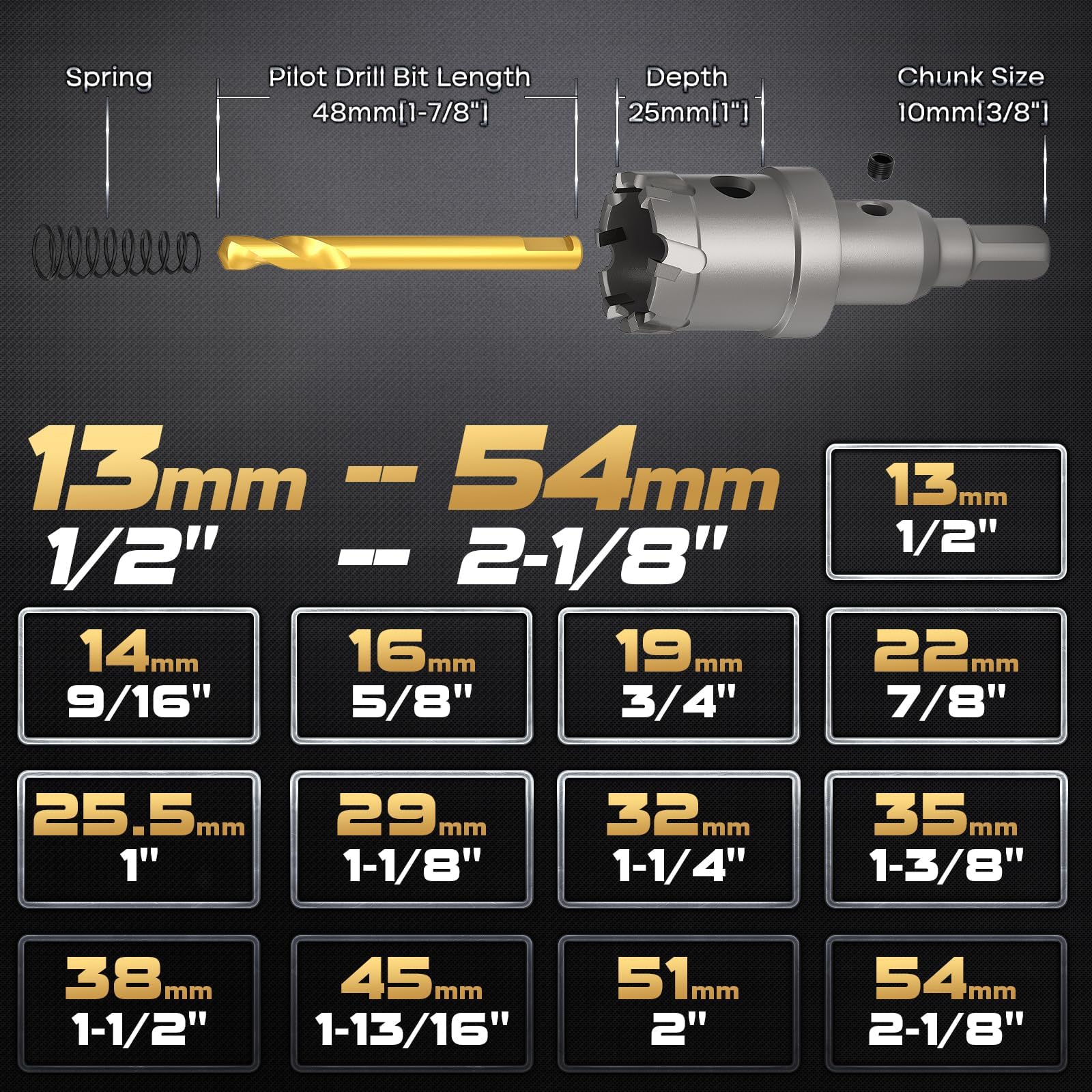 DAIMIT Kit seghe a tazza TCT 19pz, 13–54mm Seghe a tazza in carburo di tungsteno resistenti per metallo, acciaio inossidabile, ferro, legno e plastica, con 3 punte pilota rimovibili e 3 chiavi Allen