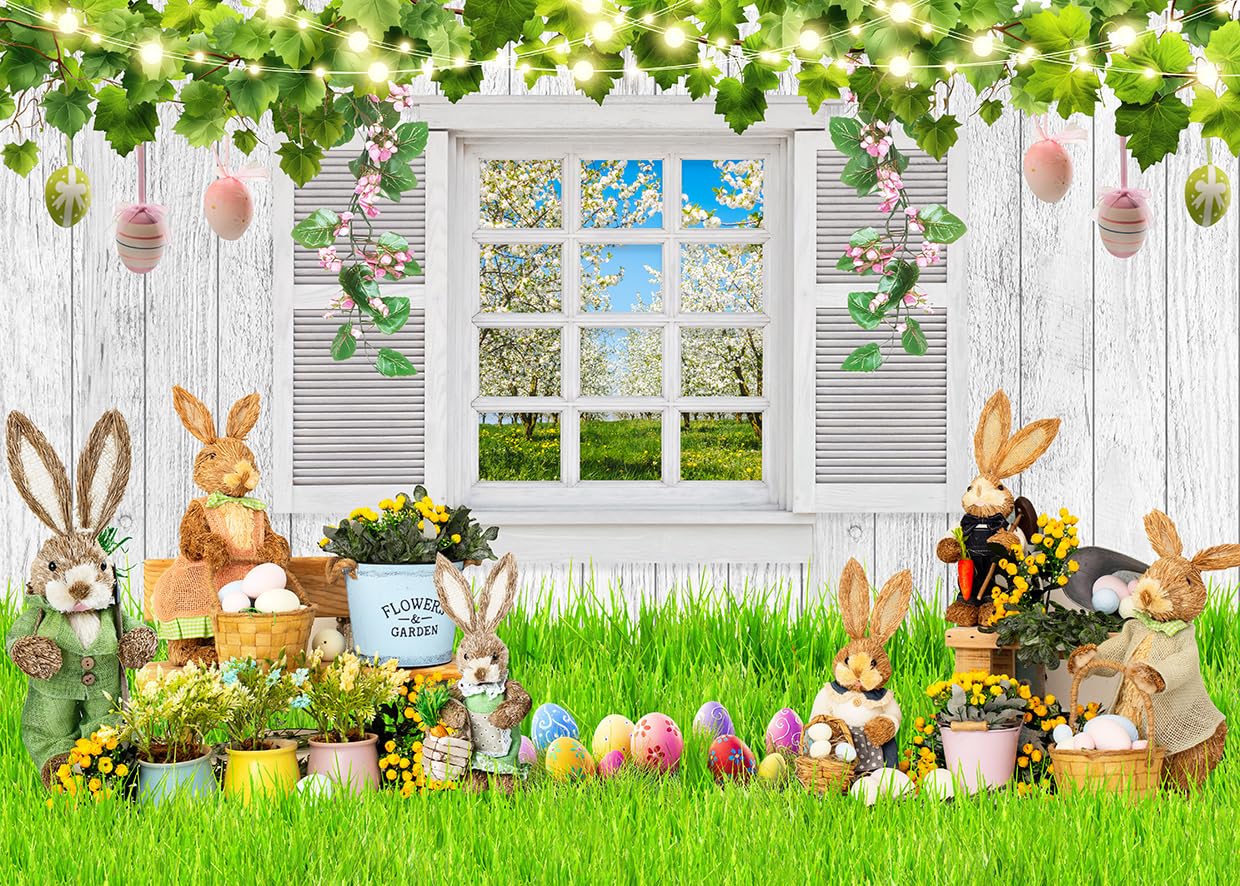 SJOLOON Spring Easter Photo Backdrop with Egg Grass Rabbit for Theme Party Decoration 12773 (7x5FT)