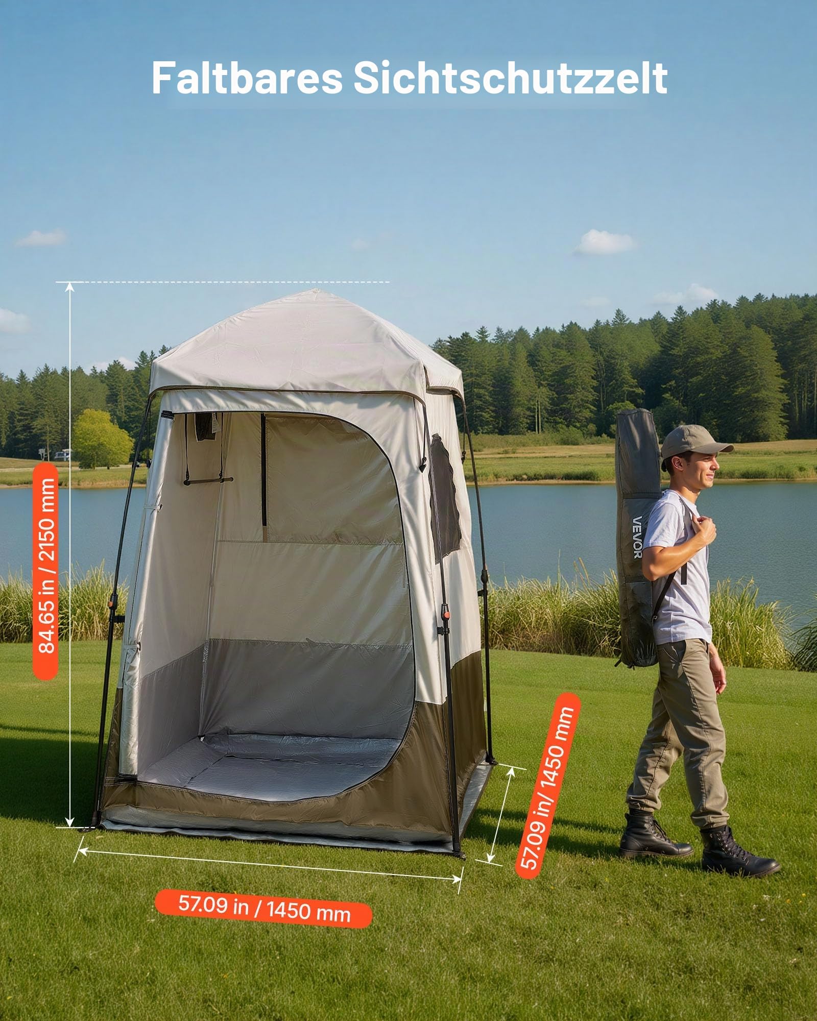 VEVOR Camping-Duschzelt, 210,8 x 106,7 x 210,8 cm, 2 Räume, übergroß, tragbar, Outdoor, Sichtschutz, Zelt mit abnehmbarem Oberteil, Taschen, Seil zum Aufhängen und Wäscheleine, zum Anziehen, Wechseln,