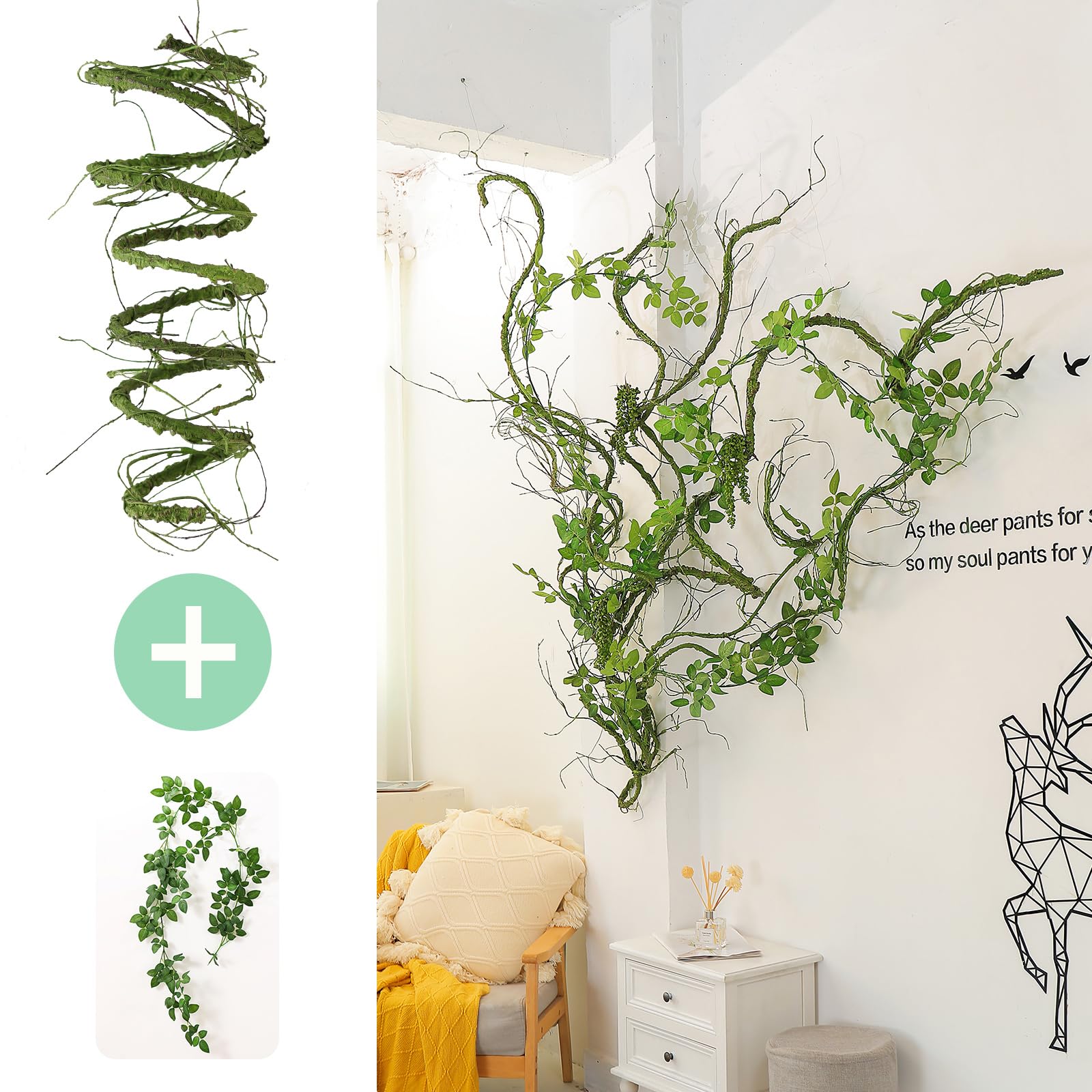 3m Guirlande d'osier Artificielle Flexible imitant Un Tronc d'arbre, ornée de Fleurs de Cerisier et de Vigne. Idéale pour décoration Murale, Porte d'entrée ou Terrarium pour Reptiles. (Vert)