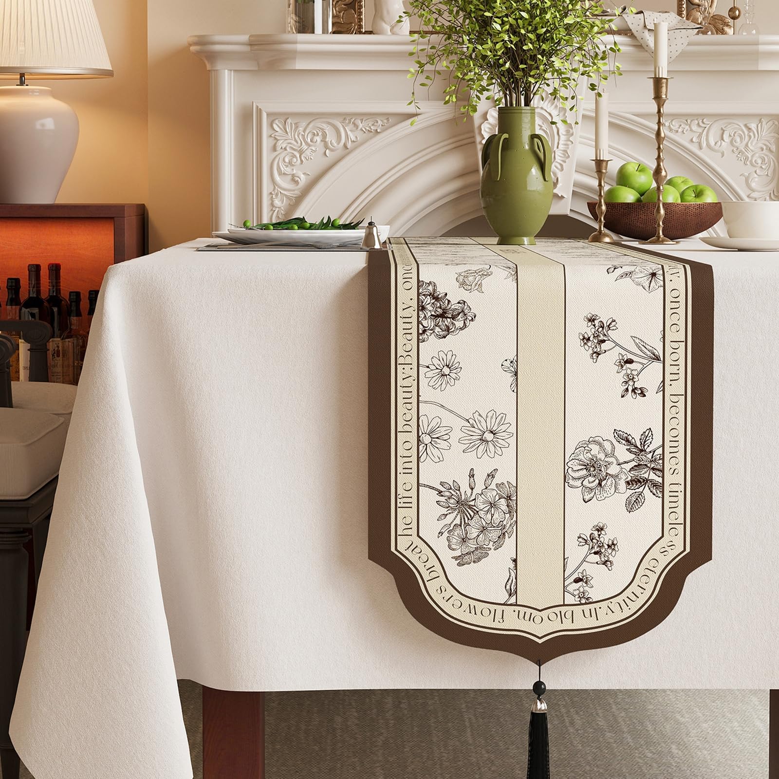 Runner da Tavolo Cotone Lino 35x260 cm, Runner da Tavola Moderno Lavabile Motivo Righe e Fiori Foglie con Nappe Decorazioni per Sala da Pranzo Feste, Beige Marrone