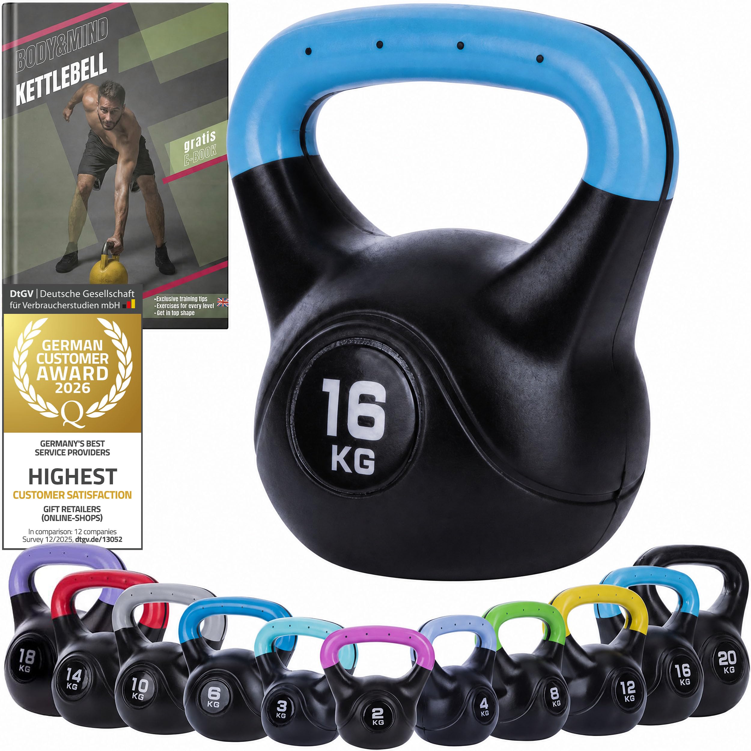 Body & Mind® Kettlebell 2–20 kg, Plastic-Coated for Floor Protection
