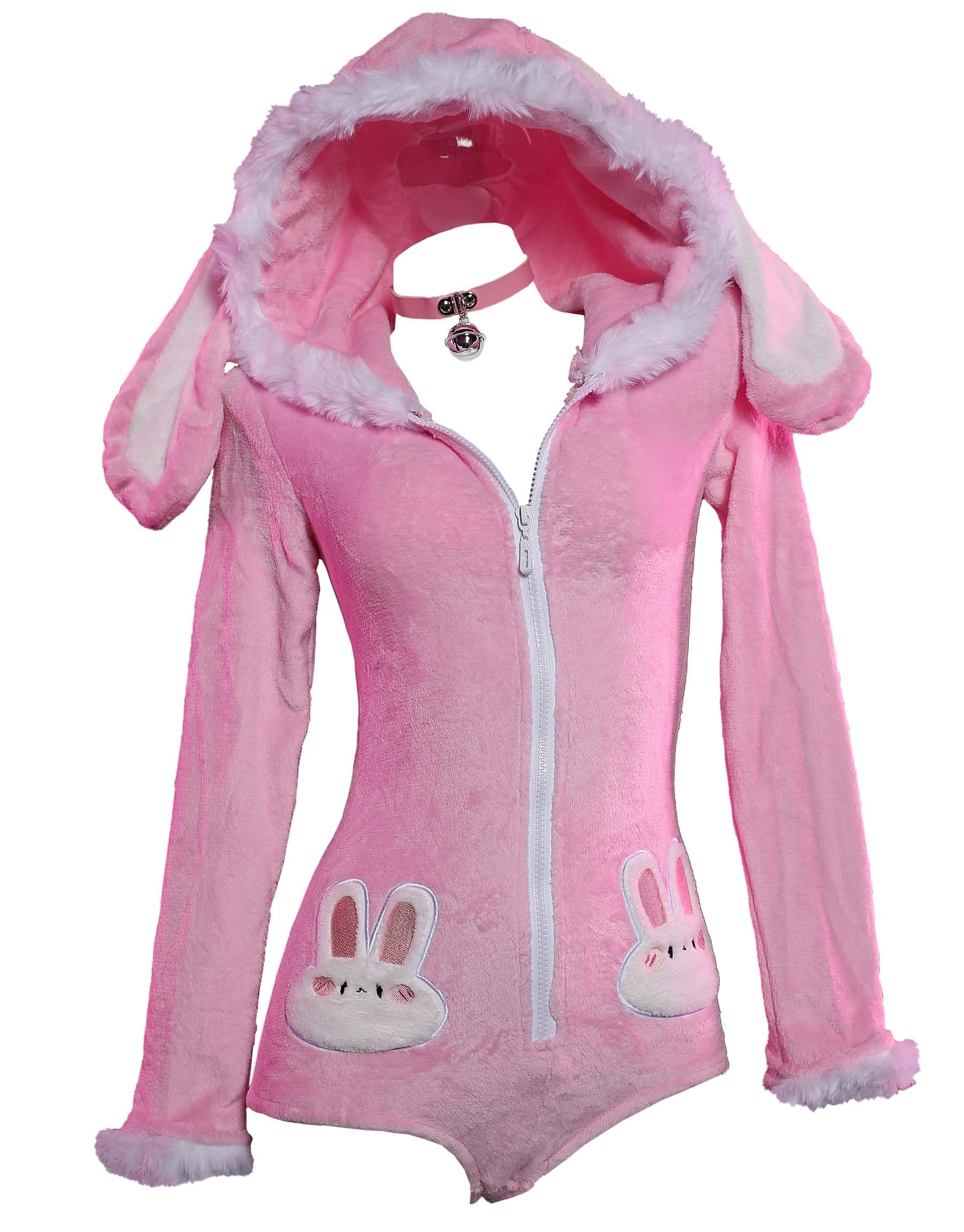 Mobbunny Cute Bunny Ear Onesie Pajama Fuzzy Romper Long Sleeve Loungewear Hooded Jumpsuit Zipper Fluffy Homewear with Socks: Medium Pink