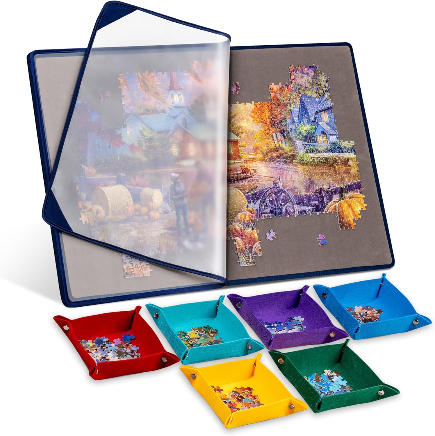 Tektalk Jigsaw Puzzle Board with 6 Color Sorting Trays Portable Puzzle Mat with Puzzle Dustproof Cover for Puzzle Storage Puzzle Saver, Non-Slip Surface, Up to 1000 Pieces - Grey