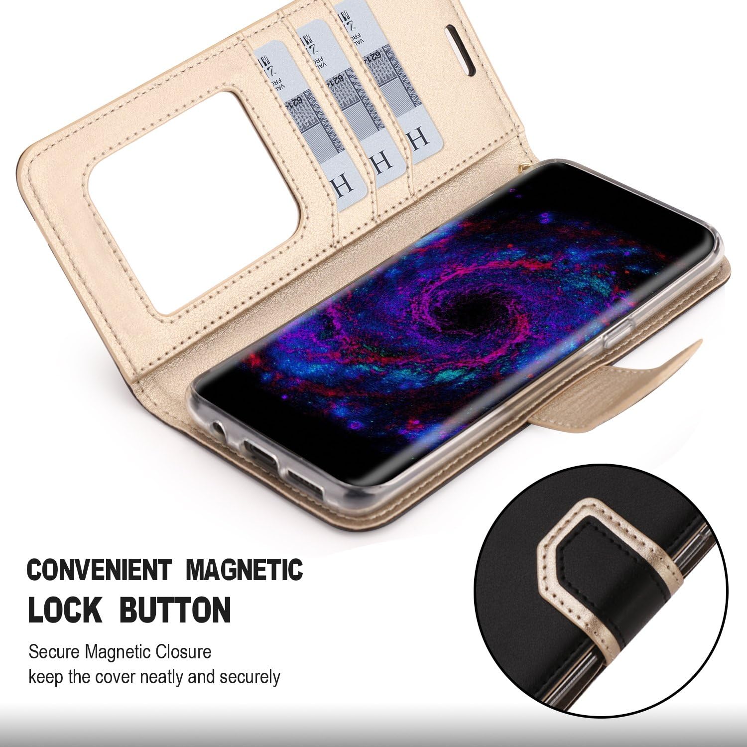 FYY Leather Case with Mirror for Samsung Galaxy S8, Leather Wallet Flip Folio Case with Mirror and Wrist Strap for Samsung Galaxy S8 Black