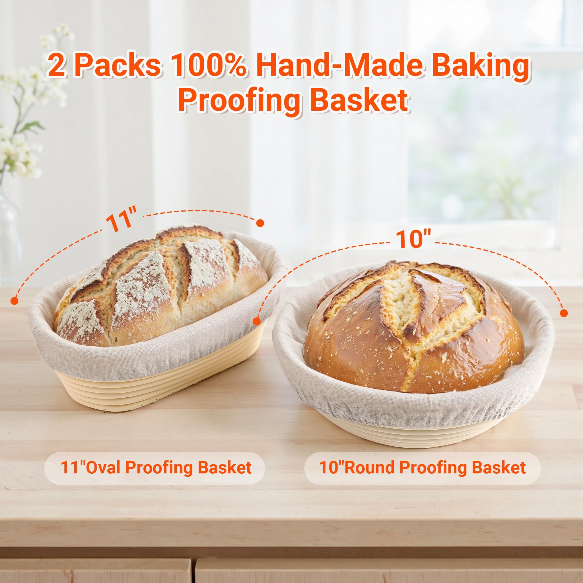 Banneton Runde ovale Brotkörbe mit Einlagen und Abdeckungen, Brot, Käsepaste, Pinsel, Schüsselschaber und Edelstahlschaber zum Backen