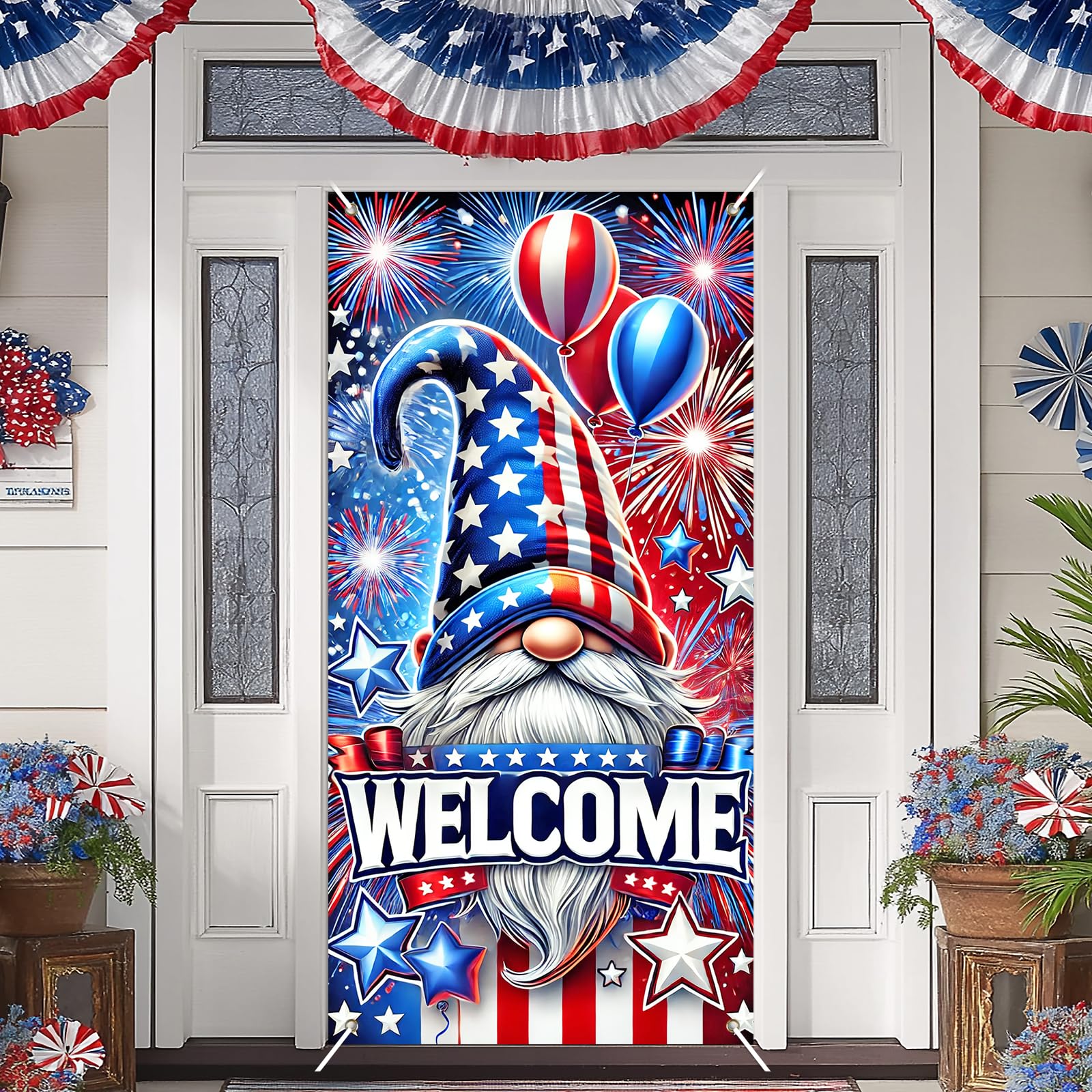 BlissYard Independence Day Door Cover 71 x 35 Inch Welcome Gnome Door Hanging for Memorial Day 4th of July Door Banner Independence Day Party Supplies