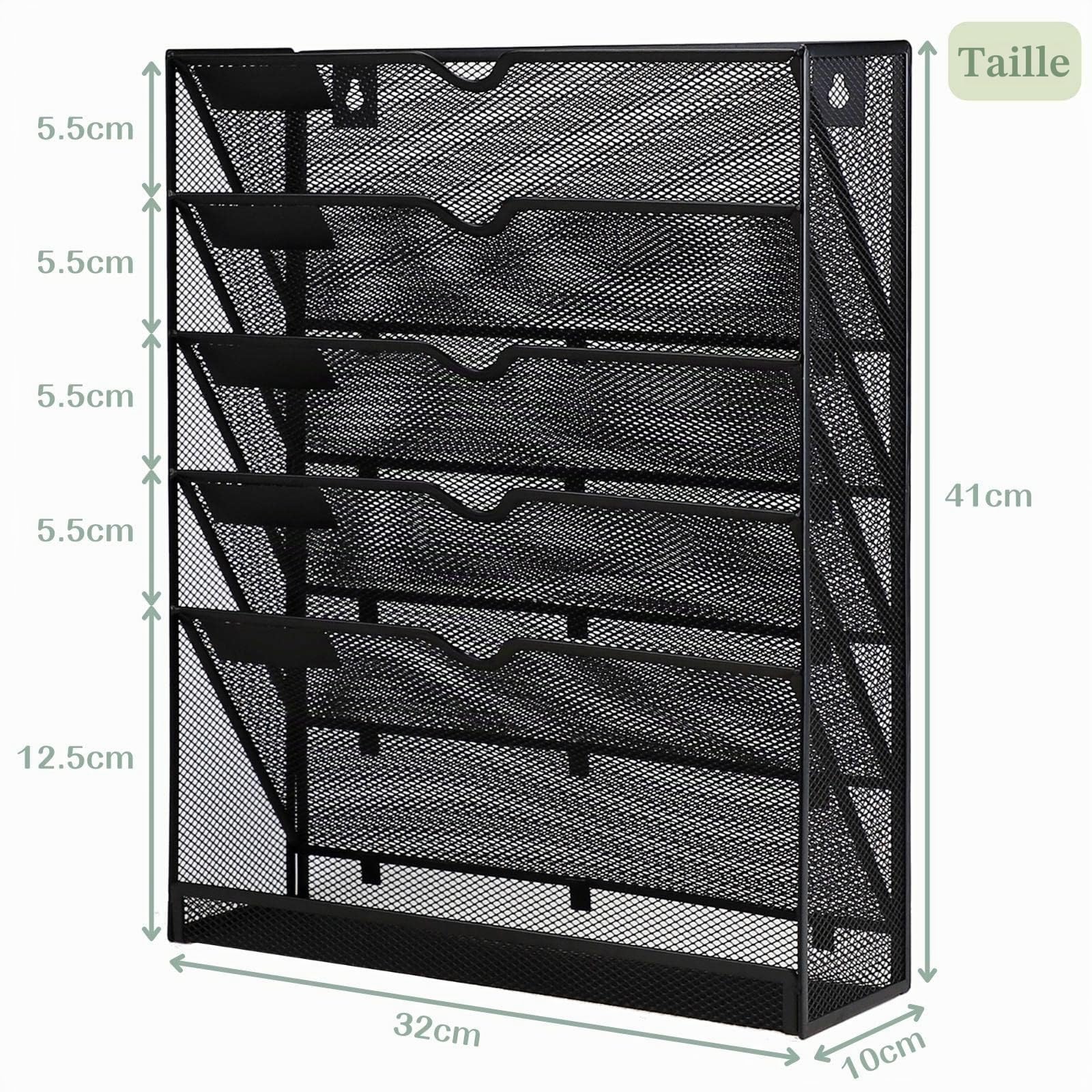 Porte Documents Mural, 6 Niveaux Porte-revues mural, corbeilles à courrier Fixation murale maille métallique durable, Noir