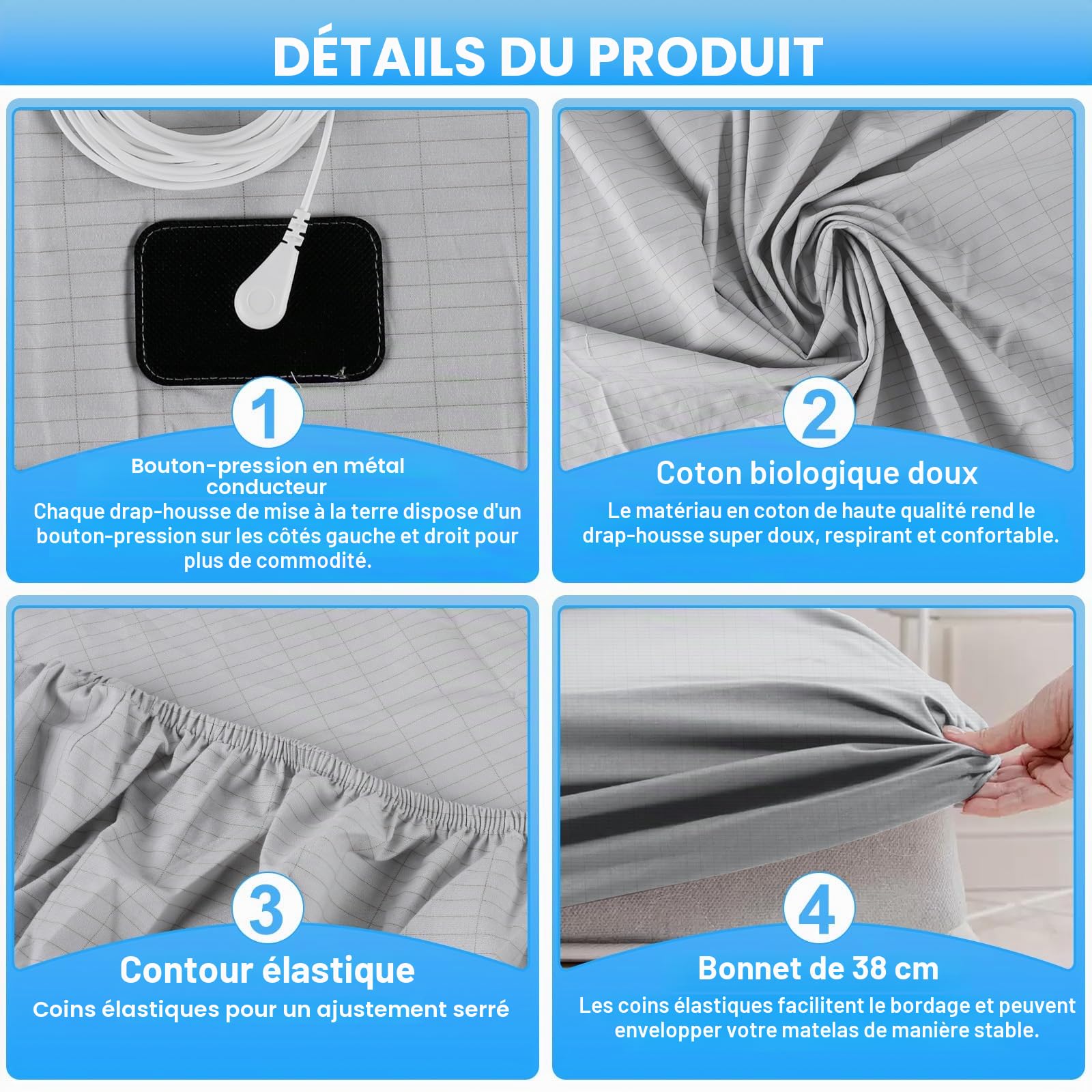 Drap de Mise à la Terre, 140x200cm, Tapis de Mise à la Terre conducteur avec câble de Terre UE, Feuille de Mise à la Terre avec 5% Fibre d'argent 95% Coton Biologique pour Un Meilleur Sommeil