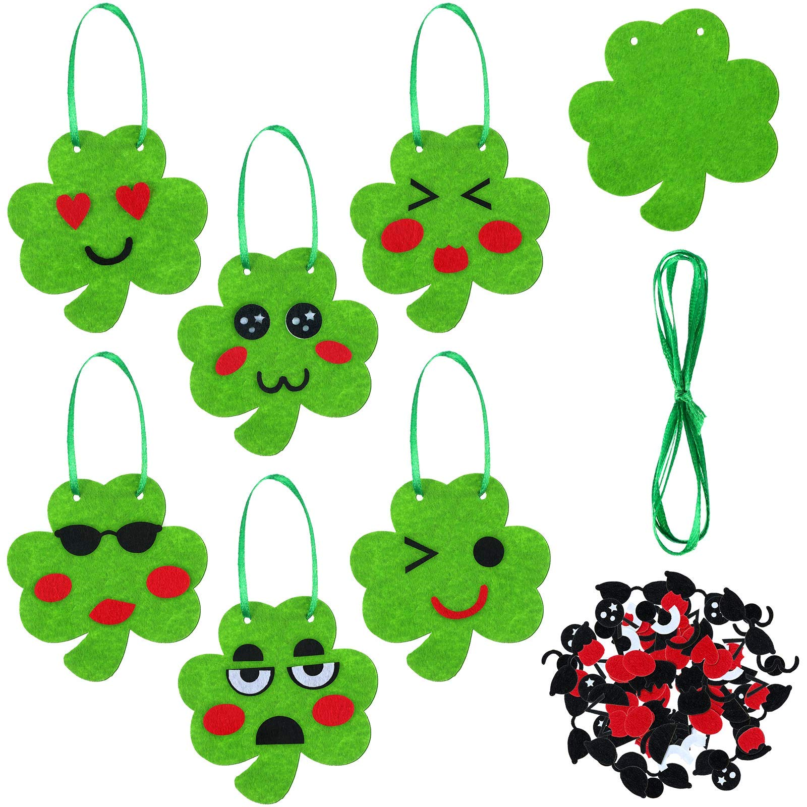 36 Pieces St. Patrick Day Shamrock Ornament Craft Kit, Irish Green Felt Clover Hanging Decoration Wall Hanging Ornament Shamrock Expression for DIY Present Party Favor Classroom School Decor Supplies