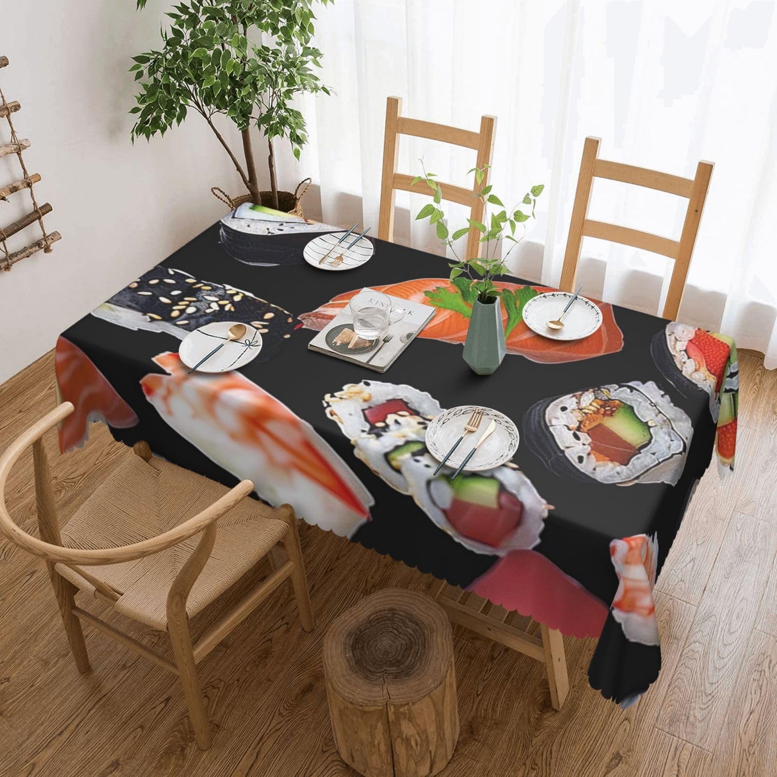WPKJU Japanese Sushi Black Printed Rectangle Tablecloth 72x54 Inch with Lace Trim, Water-Resistant Washable Table Cover for Farmhouse Weddings, Outdoor Picnics & Holiday Dining