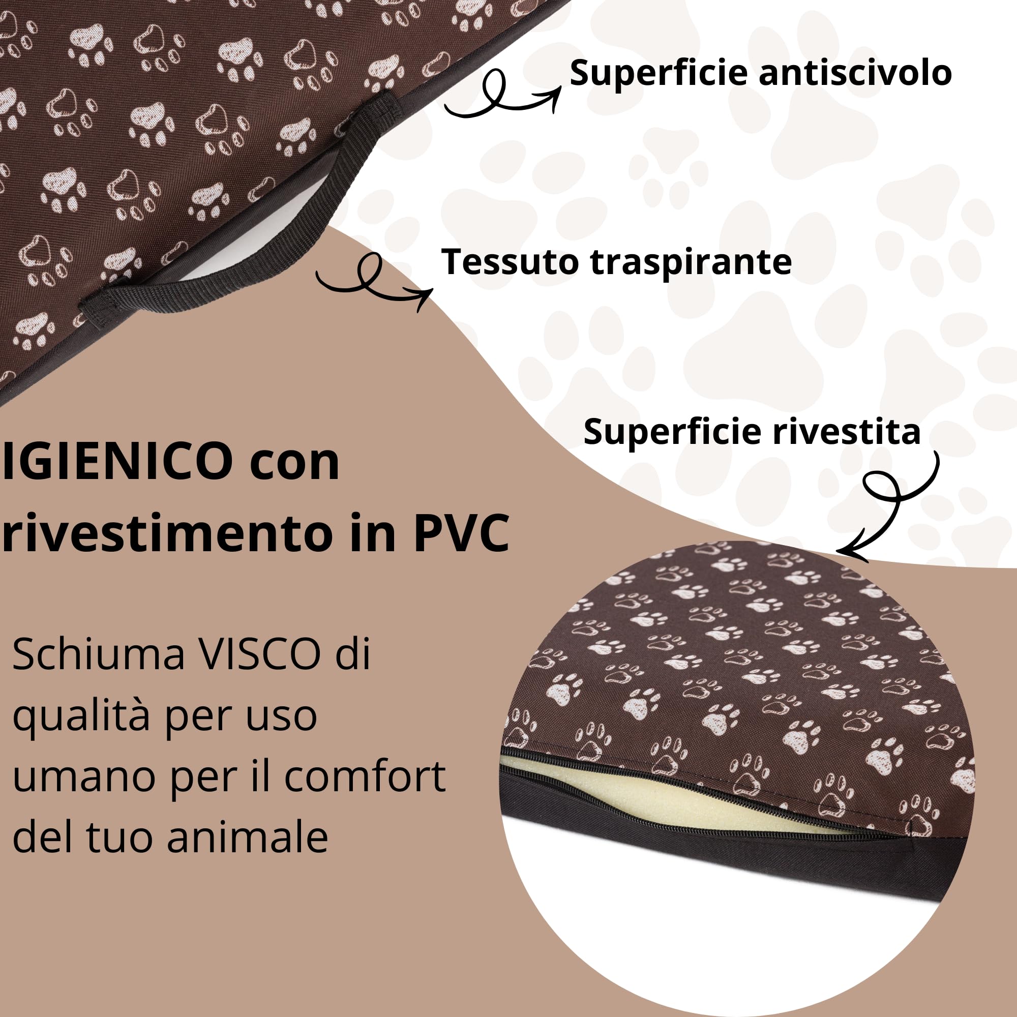 COOL PET Materassino per cani, spessore 5 cm, in schiuma fredda ortopedica (Memory Foam), tessuto Oxford 600D, con rivestimento in PVC, dimensioni 4XL-120 x 80 cm, marrone con zampe