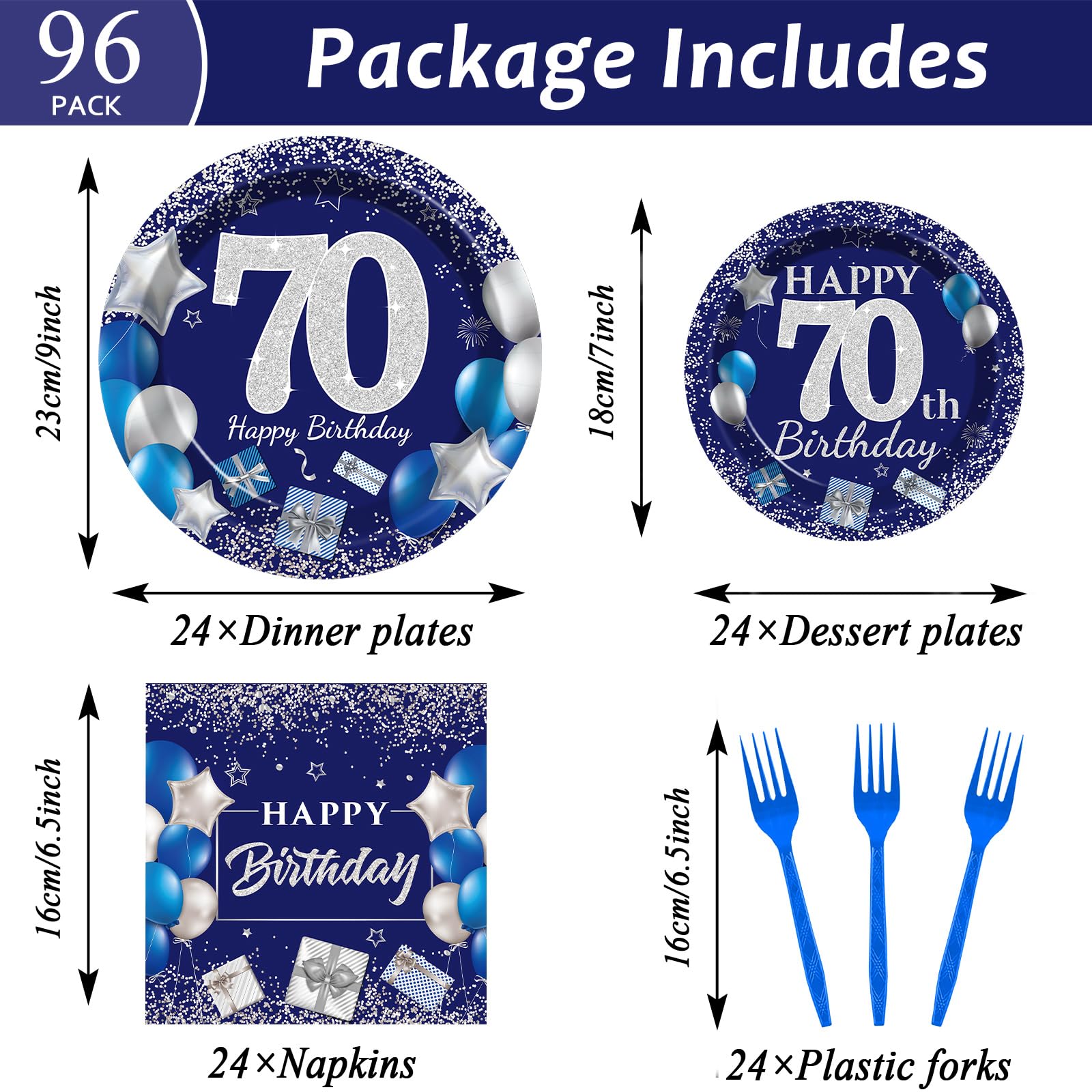 96 Pcs 70th Birthday Party Supplies Navy Blue and Silver Birthday Plates 70th Birthday Paper Tableware Happy Birthday Party Plates and Napkins Forks Blue Birthday Table Decorations for 24 Guests