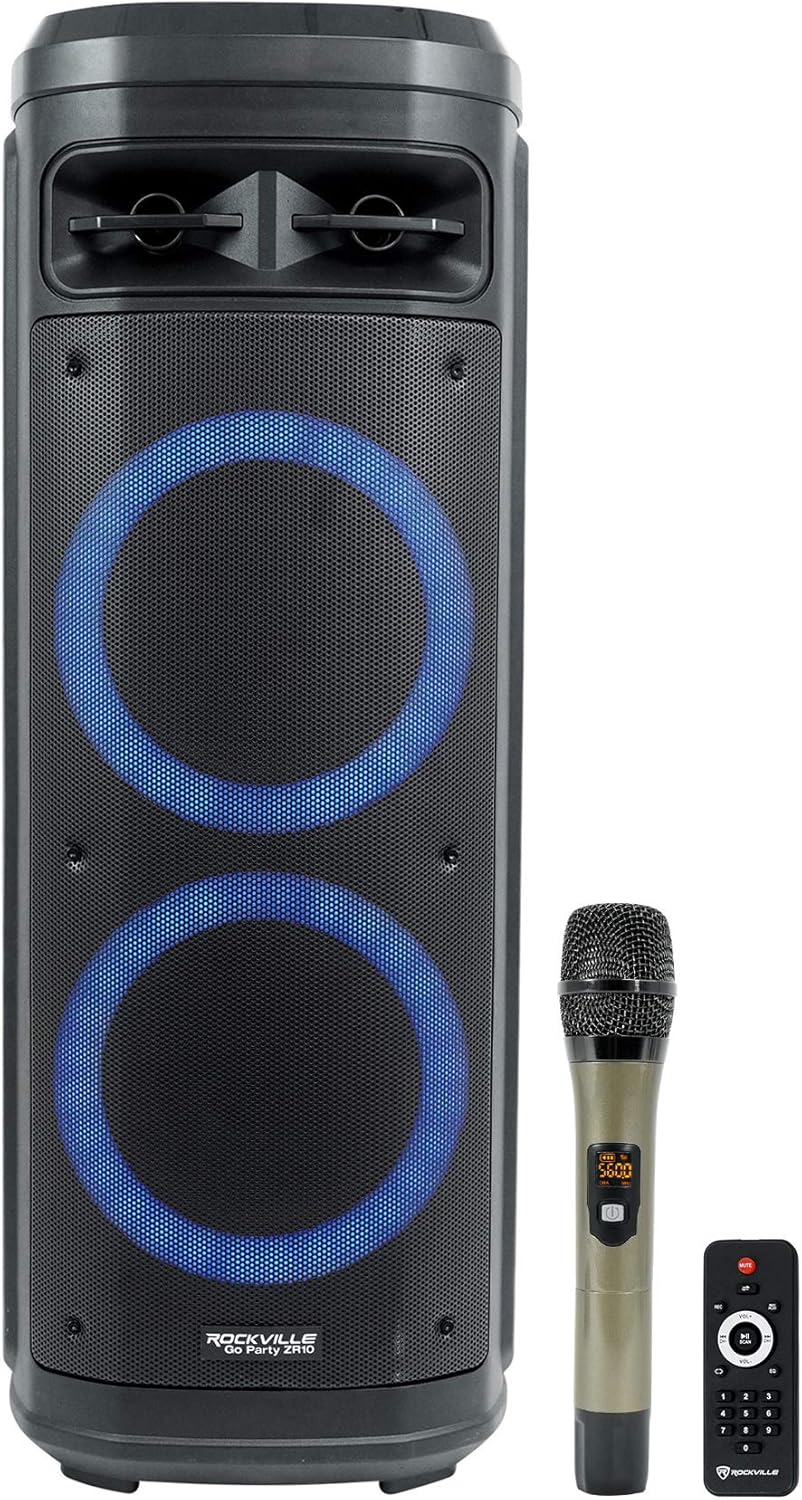 Rockville Karaoke System Bundle: Go Party ZR10 Dual 10" Portable Wireless LED Bluetooth Speaker, UHF Mic, iStand 20 Tablet/Smartphone Tripod Stand for iPhone/iPad/Galaxy, 2-Items