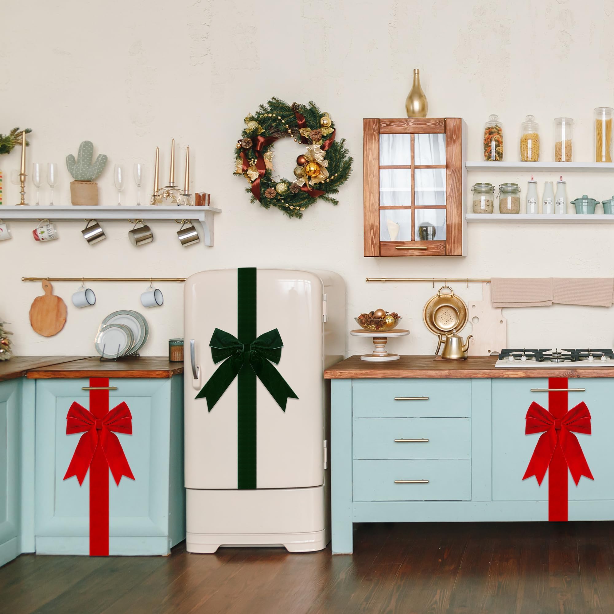 Aneco Confezione da 6 fiocchi e fiocchi natalizi per porte, grandi fiocchi natalizi in velluto per porte, armadietti, mobili, decorazioni per feste di Natale, rosso e verde