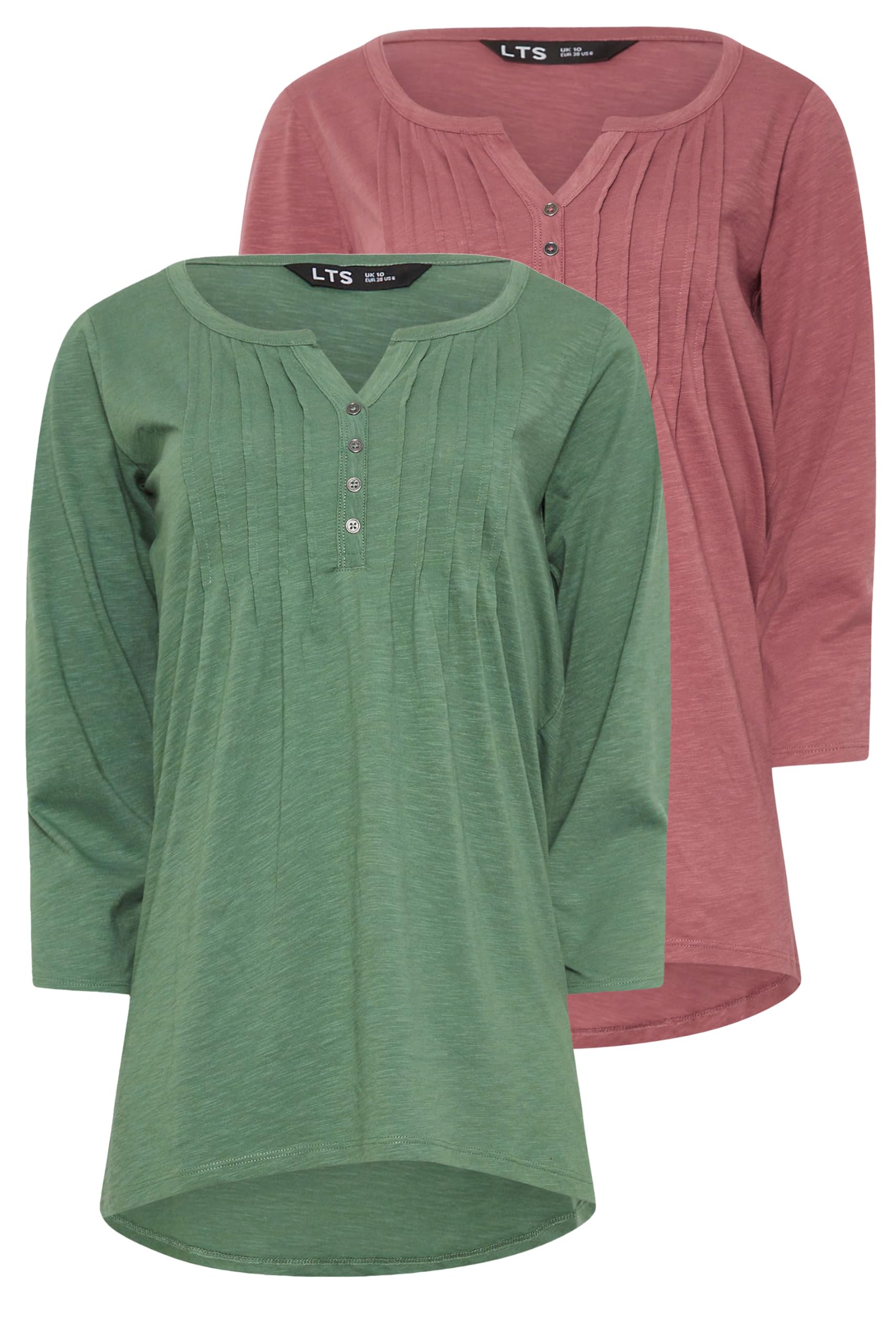 Long Tall Sally Green Cotton 3/4 Sleeve Henley Tops - Pack of 2 - Size 14