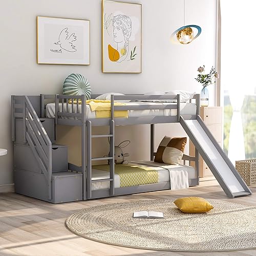 Miniatura 3 de Litera individual sobre individual con 2 cajones escalera tobogán y escalera litera para familia adolescentes no necesita somier