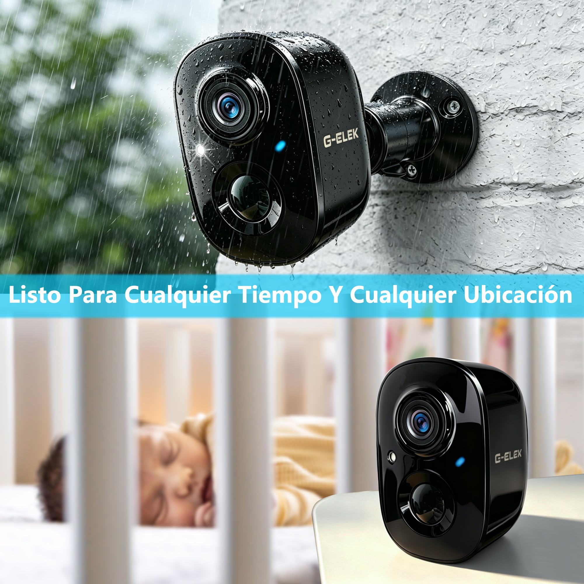 G-ELEK Cámara de vigilancia para exteriores, con batería inalámbrica, resistente a la intemperie, 2 K, 3 MP, HD, visión nocturna a color, detección de movimiento PIR, audio de 2 vías, memoria local