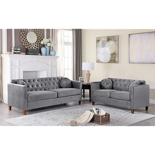 Persaud Living Room 2 Piece Sofa, Loveseat Set with Classic Chesterfield Velvet Upholstery, Ideal for Home, Apartment and Office, Silverish Grey
