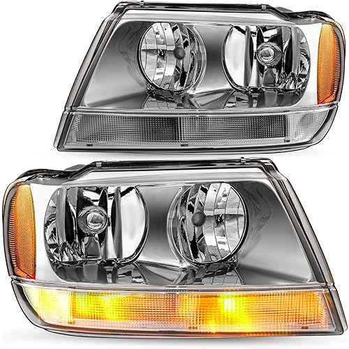 JSBOYAT Halogen Headlight Assembly Compatible with 99-04 Jeep Grand Cherokee WJ Replacement OE Headlamp Driver and Passenger Side Chrome
