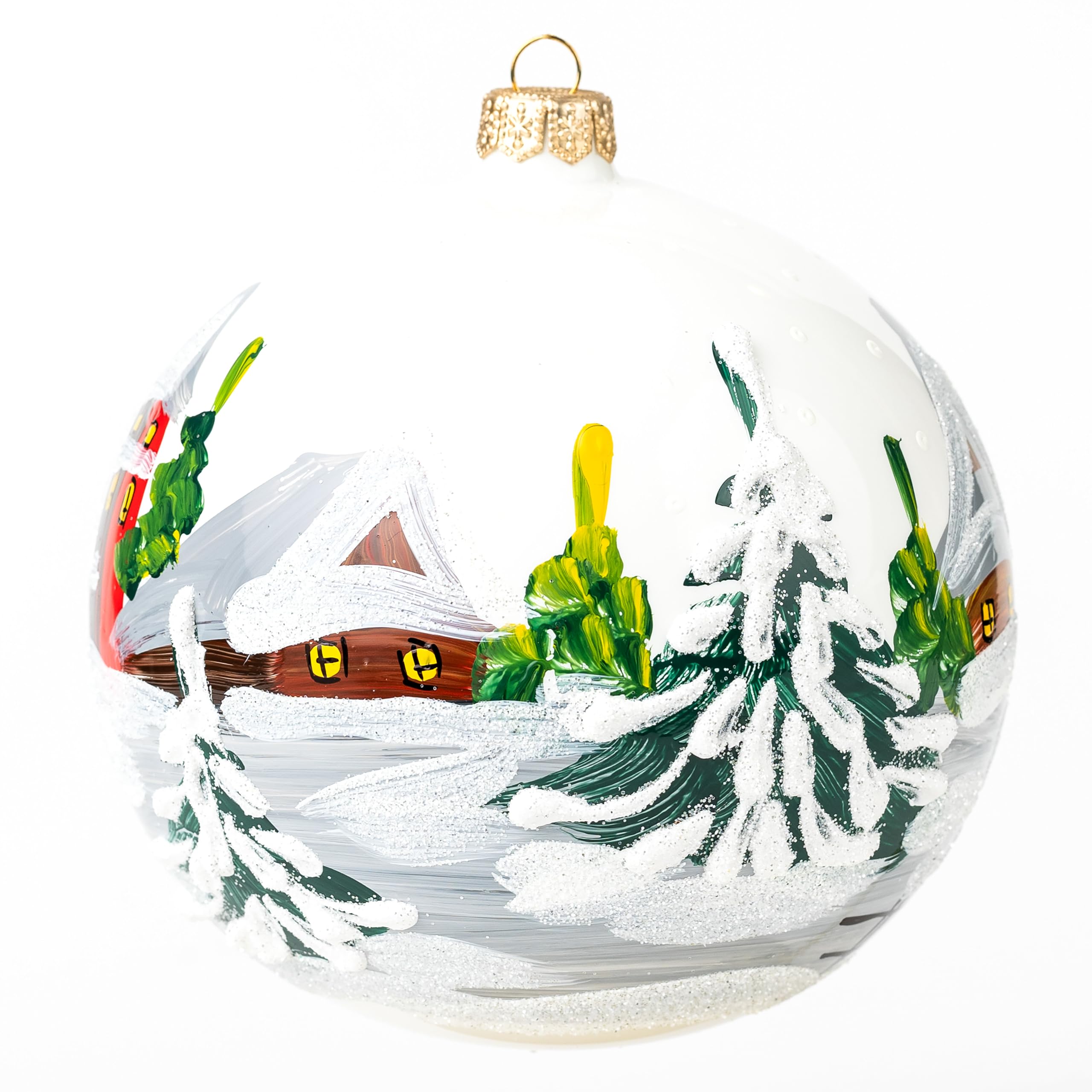 Adorno navideño, paisaje del campo, bola de cristal soplado 5" (blanco ópalo, 120mm)